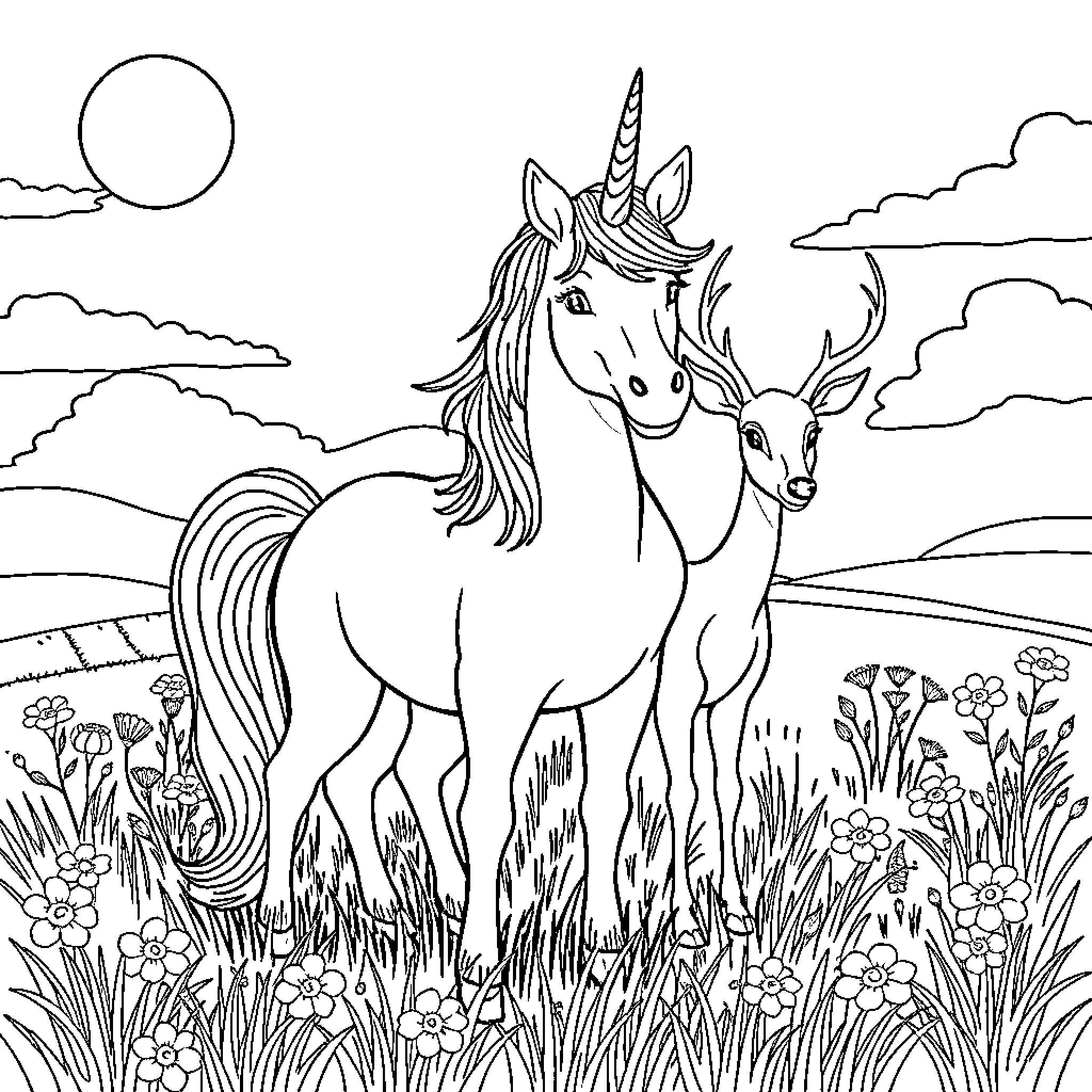 Unicorn and Fawn in Magical Meadow Coloring Page (free black-and-white line drawing printable PDF for all, from beginners to advanced learners, including children, teens, adults, and seniors)