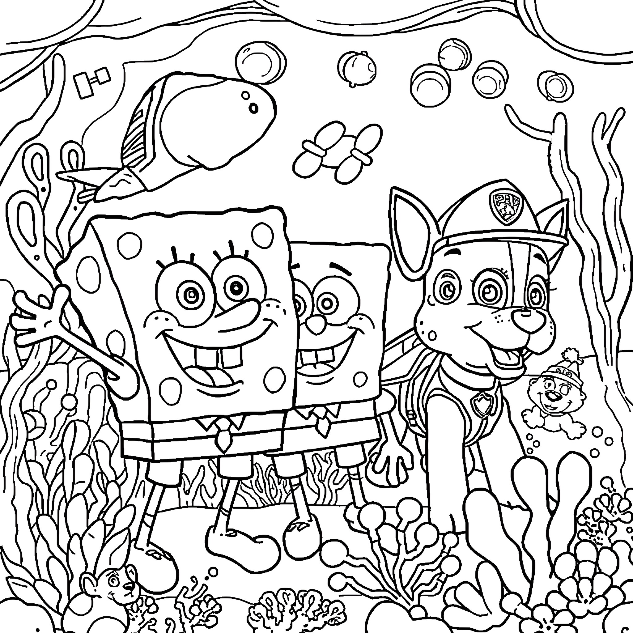 Spongebob and friends underwater adventures Coloring Page (free black-and-white line drawing printable PDF for all, from beginners to advanced learners, including children, teens, adults, and seniors)