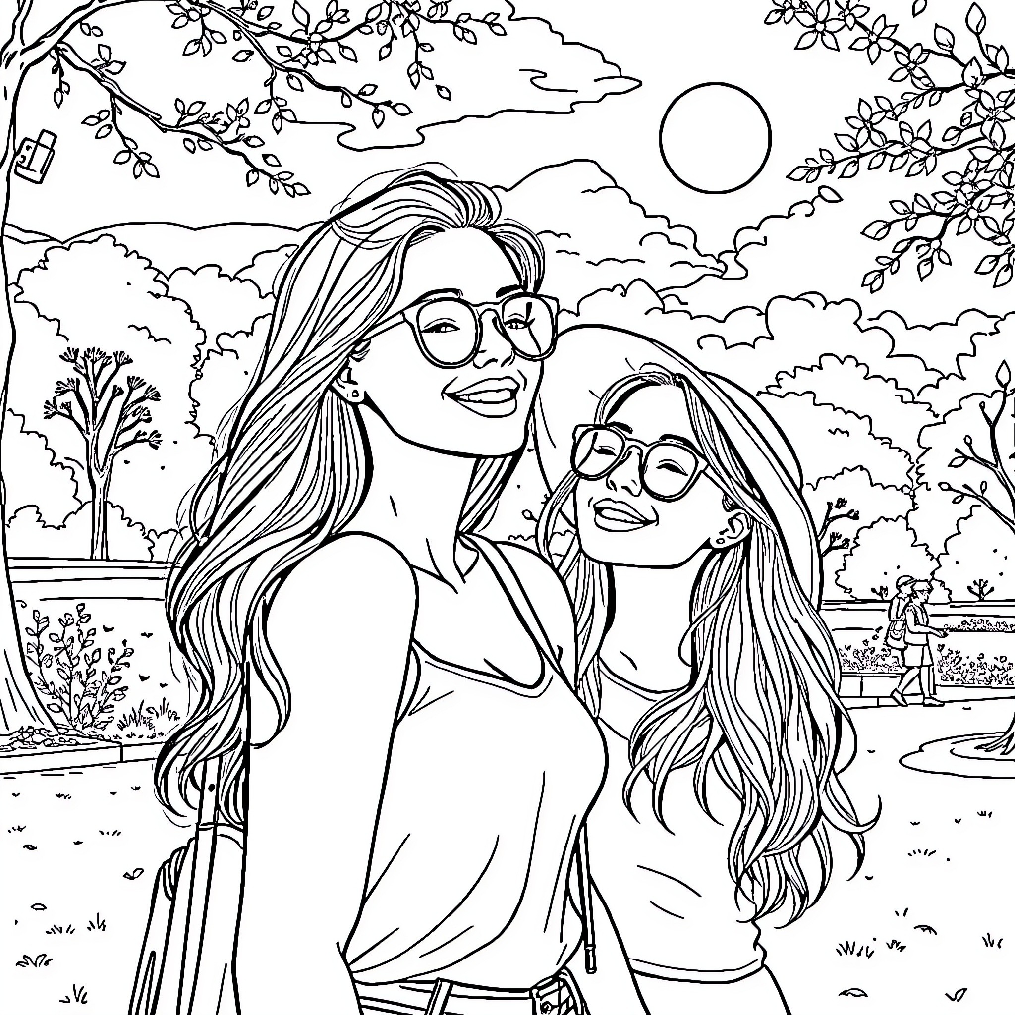Girls having fun in the park Coloring Page (free black-and-white line drawing printable PDF for all, from beginners to advanced learners, including children, teens, adults, and seniors)