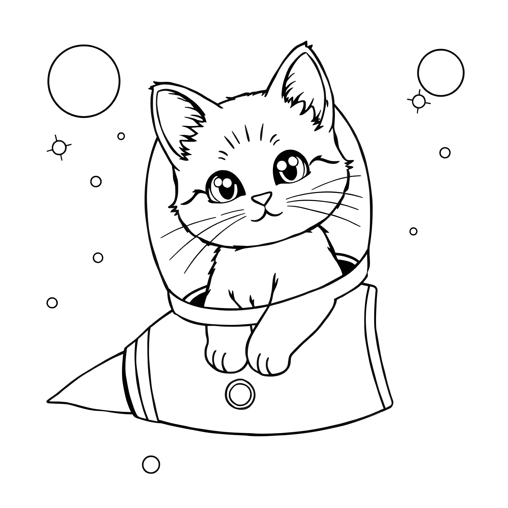 Kitty floating in space Coloring Page (free black-and-white line drawing printable PDF for all, from beginners to advanced learners, including children, teens, adults, and seniors)