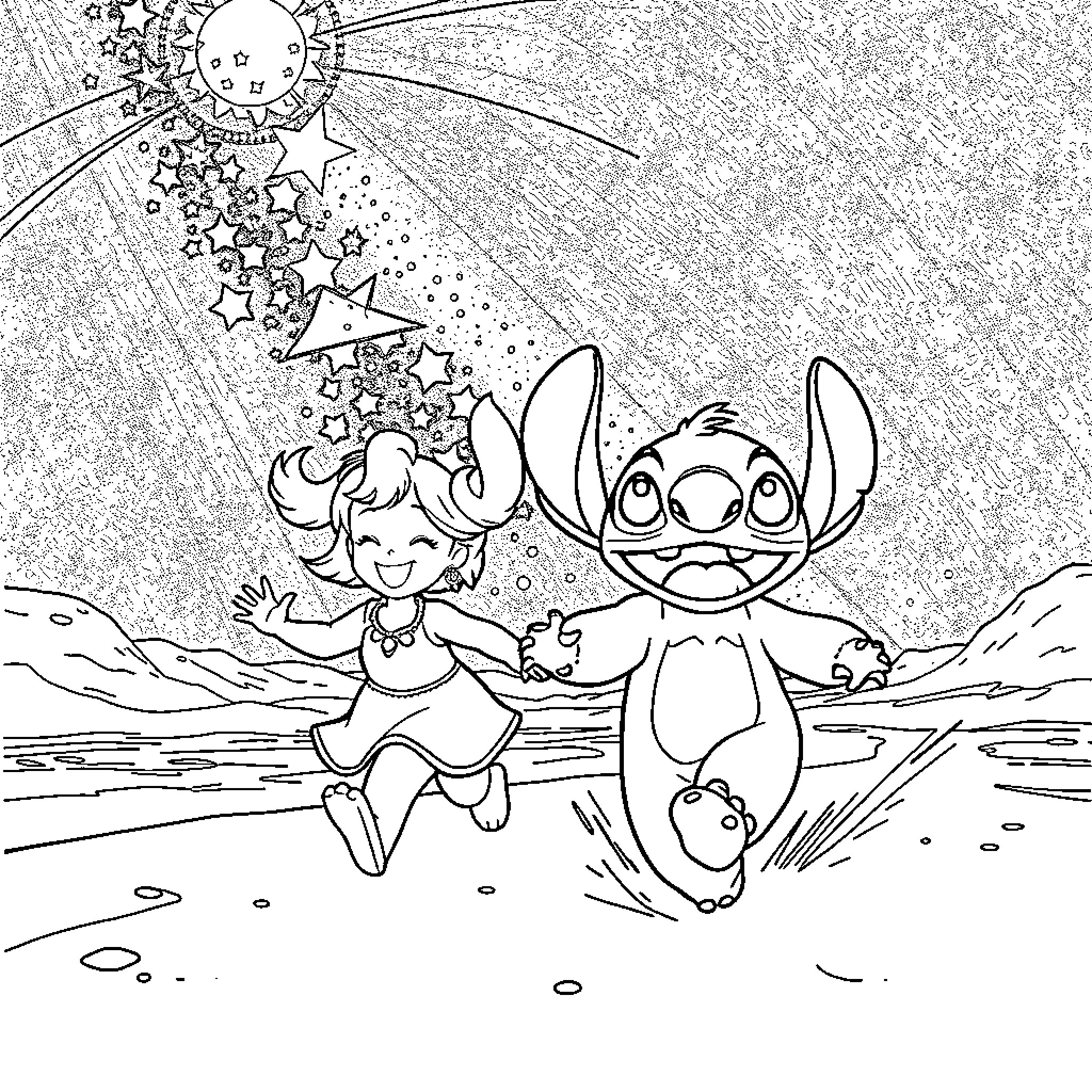 Lelo and Stitch playing joyfully under the stars Coloring Page (free black-and-white line drawing printable PDF for all, from beginners to advanced learners, including children, teens, adults, and seniors)