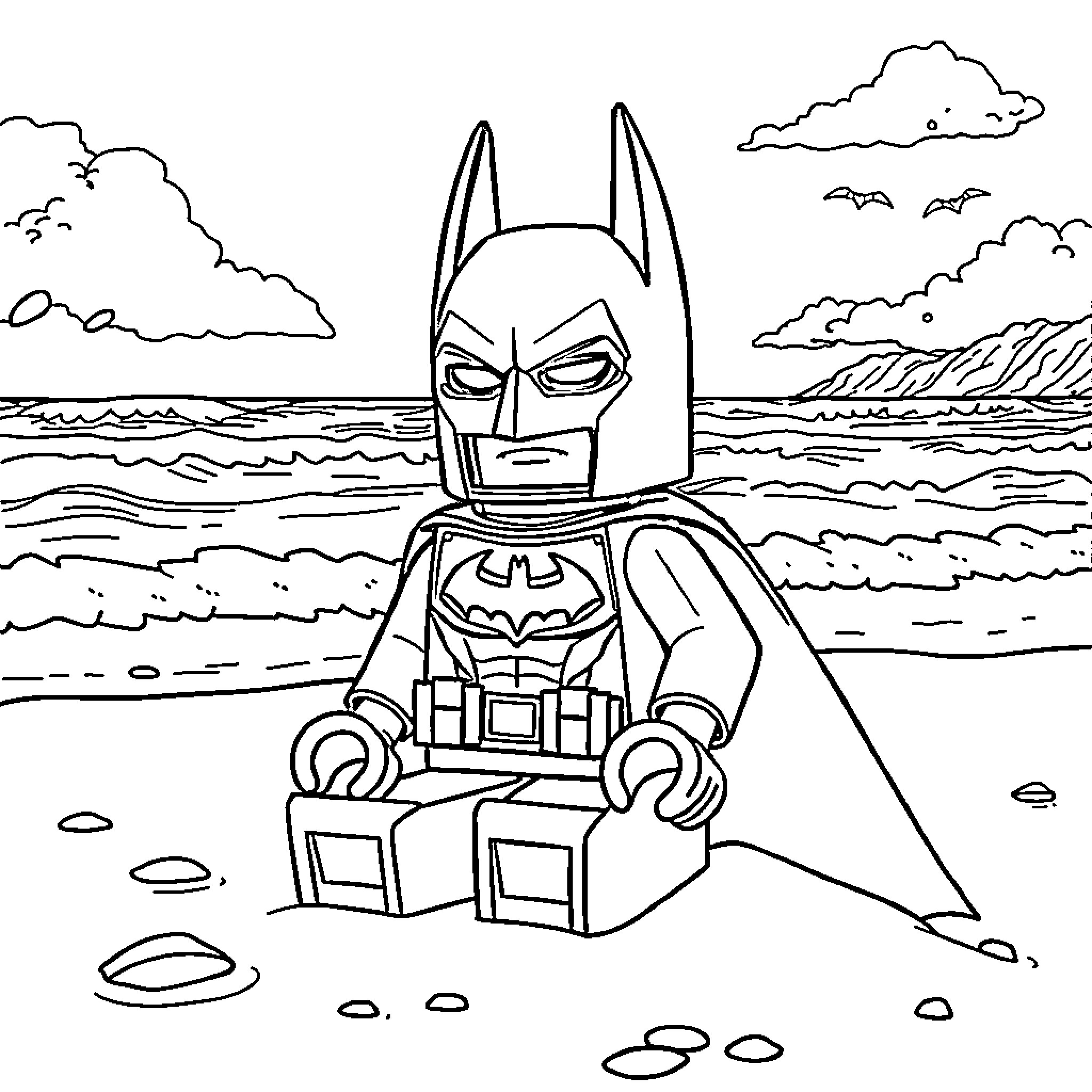 Lego Batman standing on a beach with a dramatic expression Coloring Page (free black-and-white line drawing printable PDF for all, from beginners to advanced learners, including children, teens, adults, and seniors)