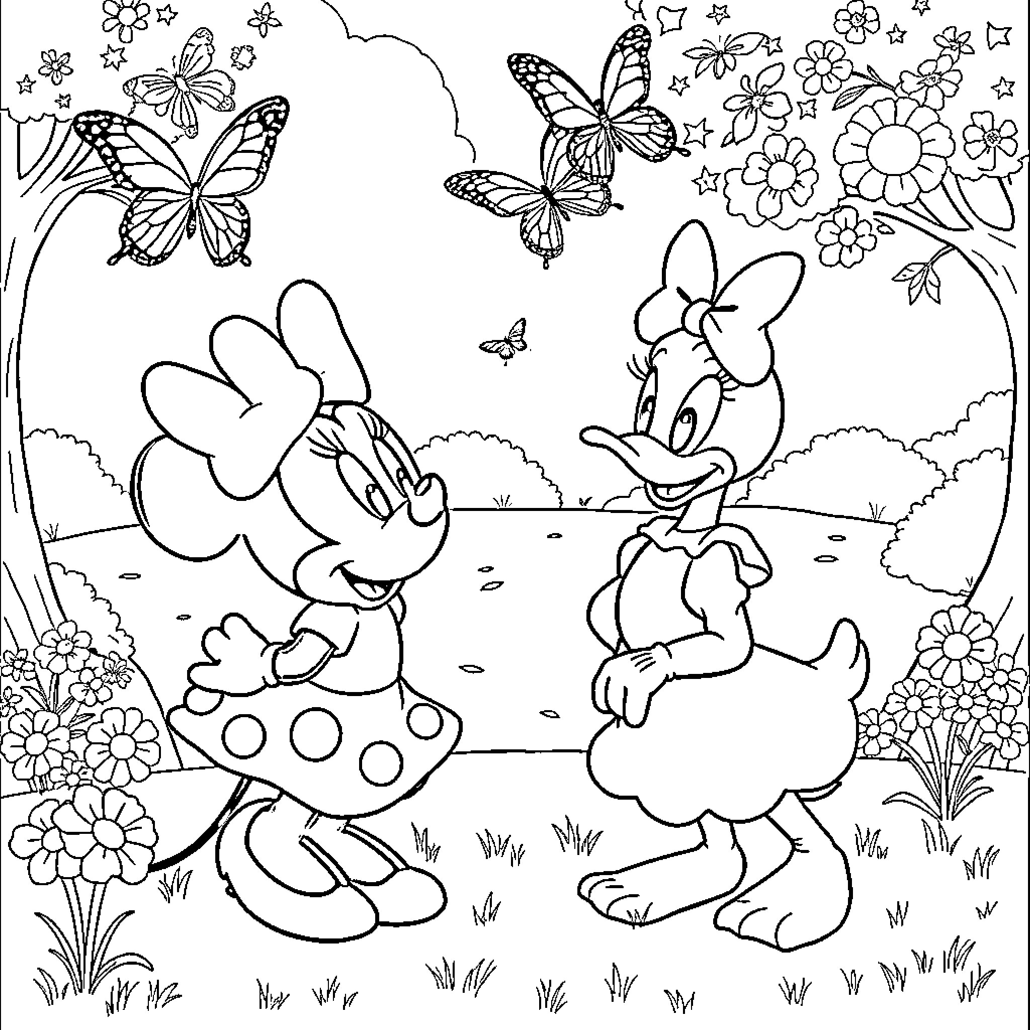 Minnie Mouse's Whimsical Garden Adventure Coloring Page (free black-and-white line drawing printable PDF for all, from beginners to advanced learners, including children, teens, adults, and seniors)