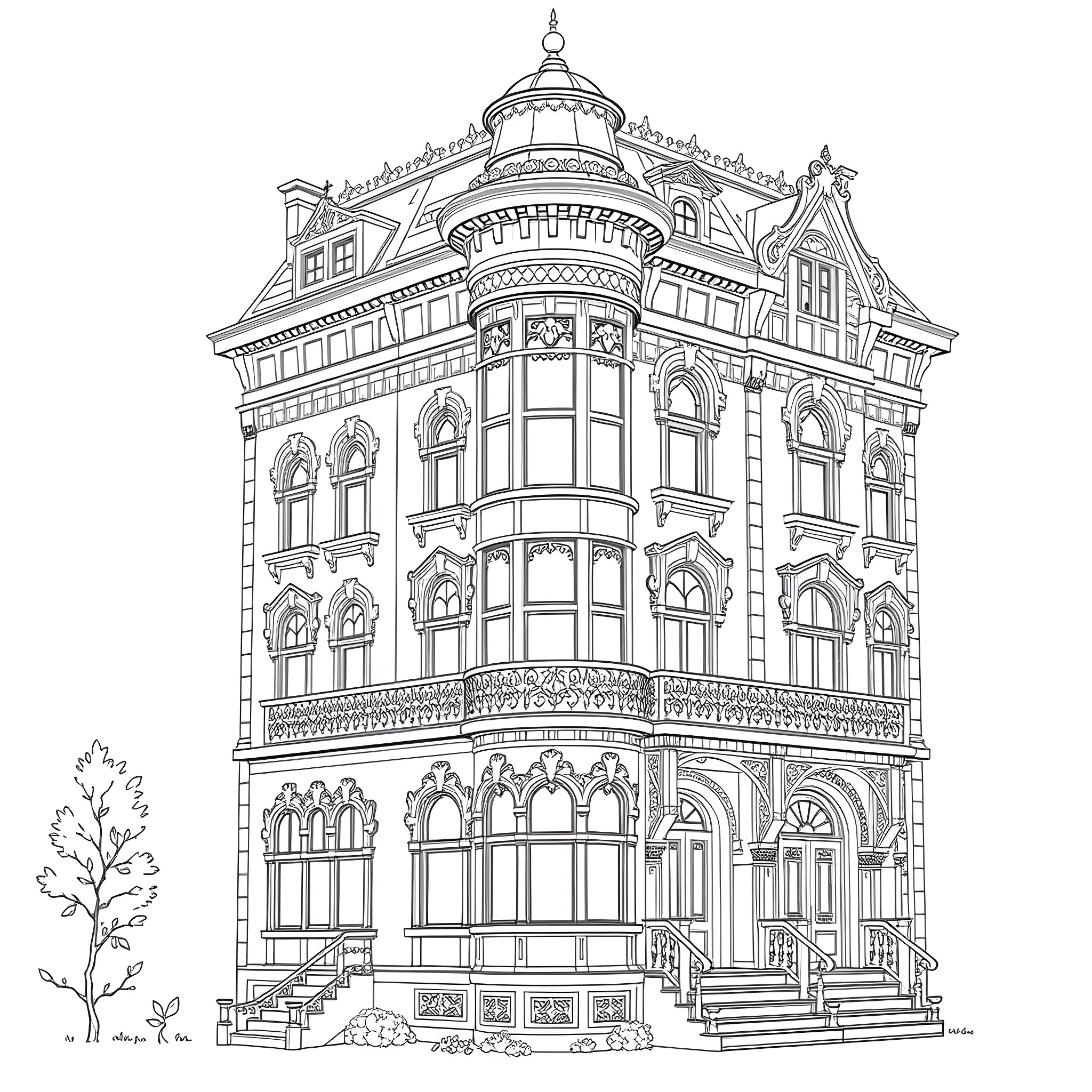 Victorian architectural grandeur with intricate details Coloring Page (free black-and-white line drawing printable PDF for all, from beginners to advanced learners, including children, teens, adults, and seniors)