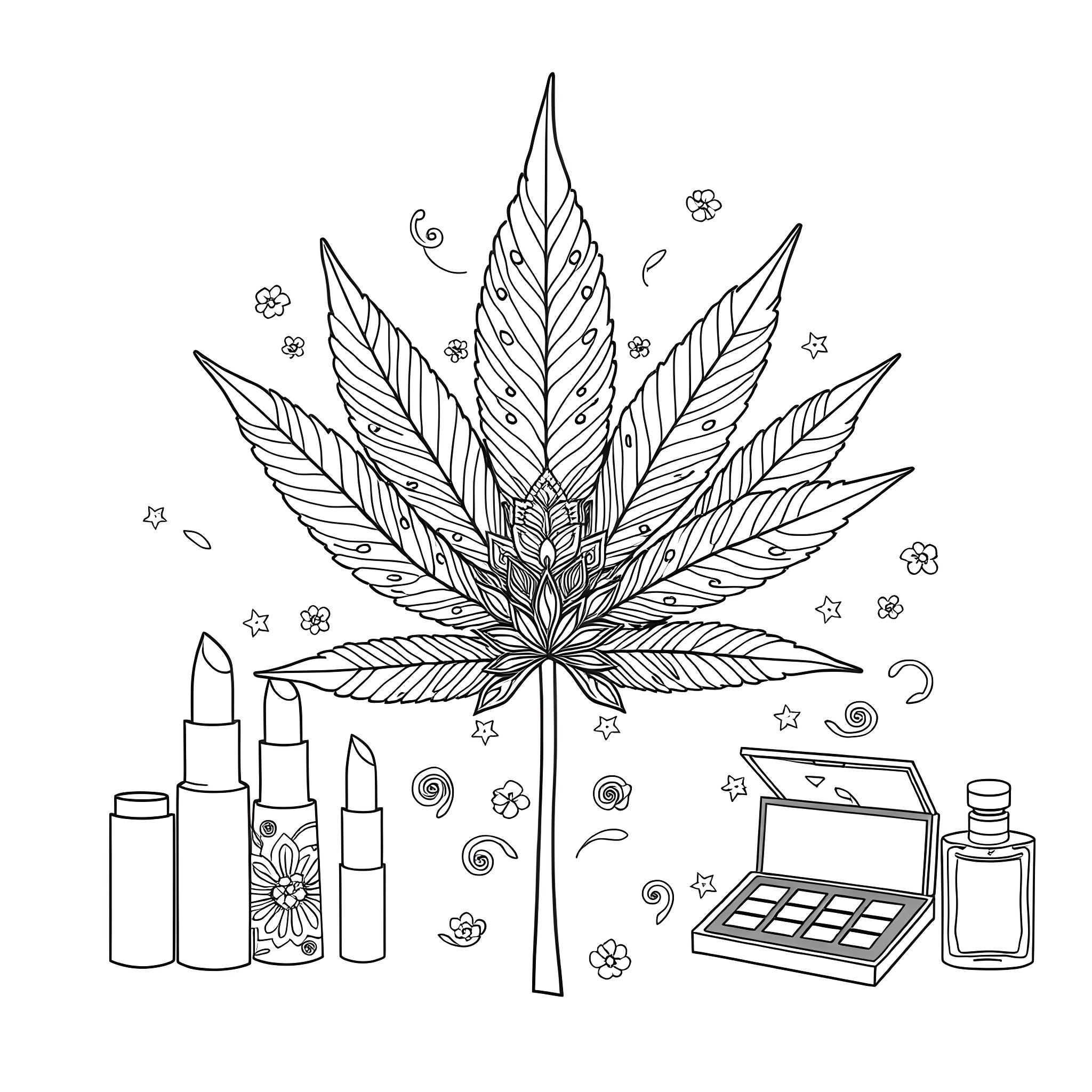 Cannabis Leaf with Makeup and Cosmetic Products Coloring Page (free black-and-white line drawing printable PDF for all, from beginners to advanced learners, including children, teens, adults, and seniors)