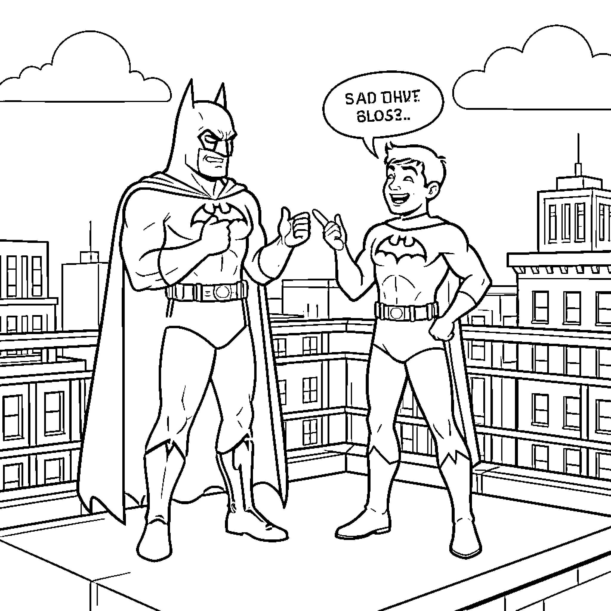 Batman talking to a young superhero on a rooftop Coloring Page (free black-and-white line drawing printable PDF for all, from beginners to advanced learners, including children, teens, adults, and seniors)