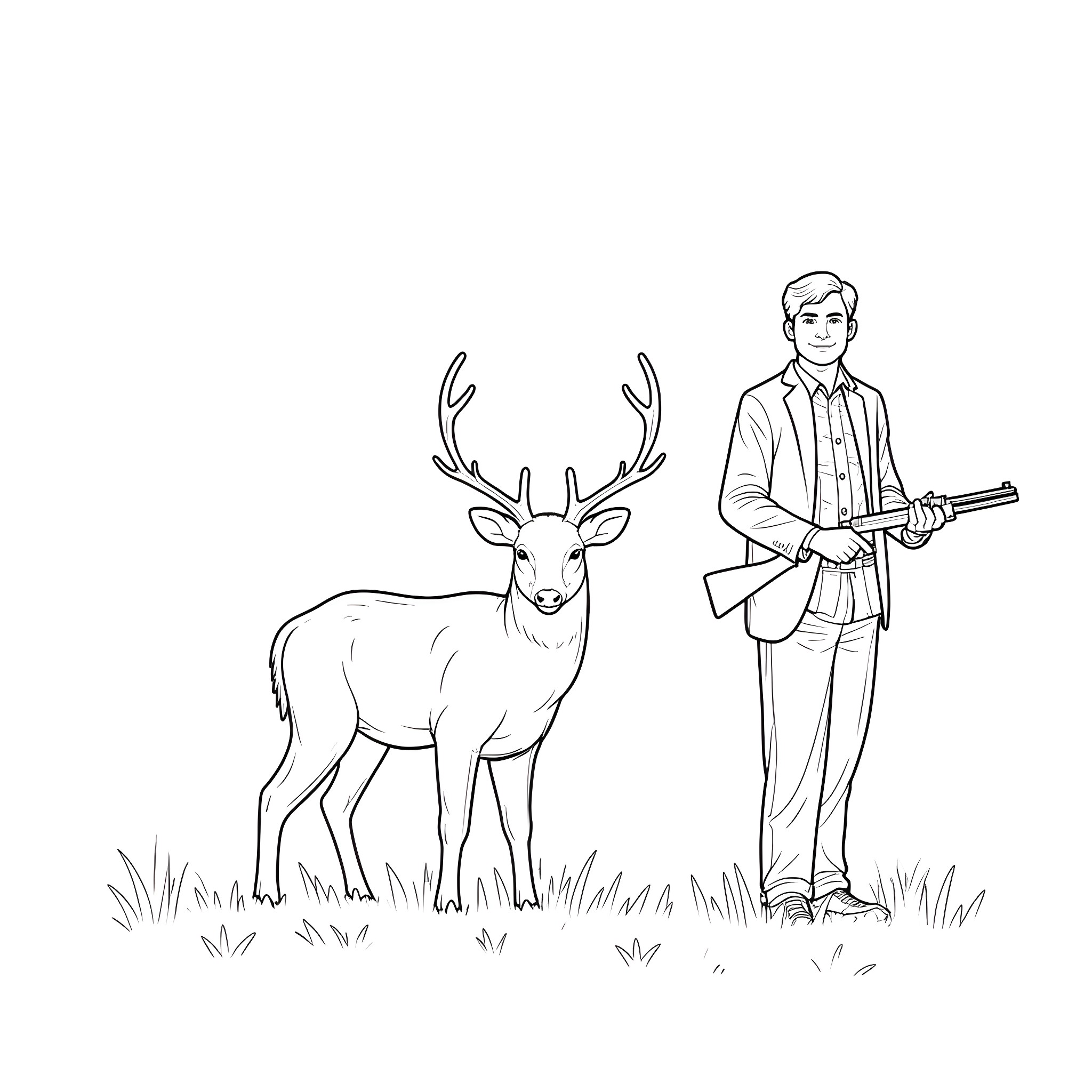 Deer and a man with a rifle in the field Coloring Page (free black-and-white line drawing printable PDF for all, from beginners to advanced learners, including children, teens, adults, and seniors)