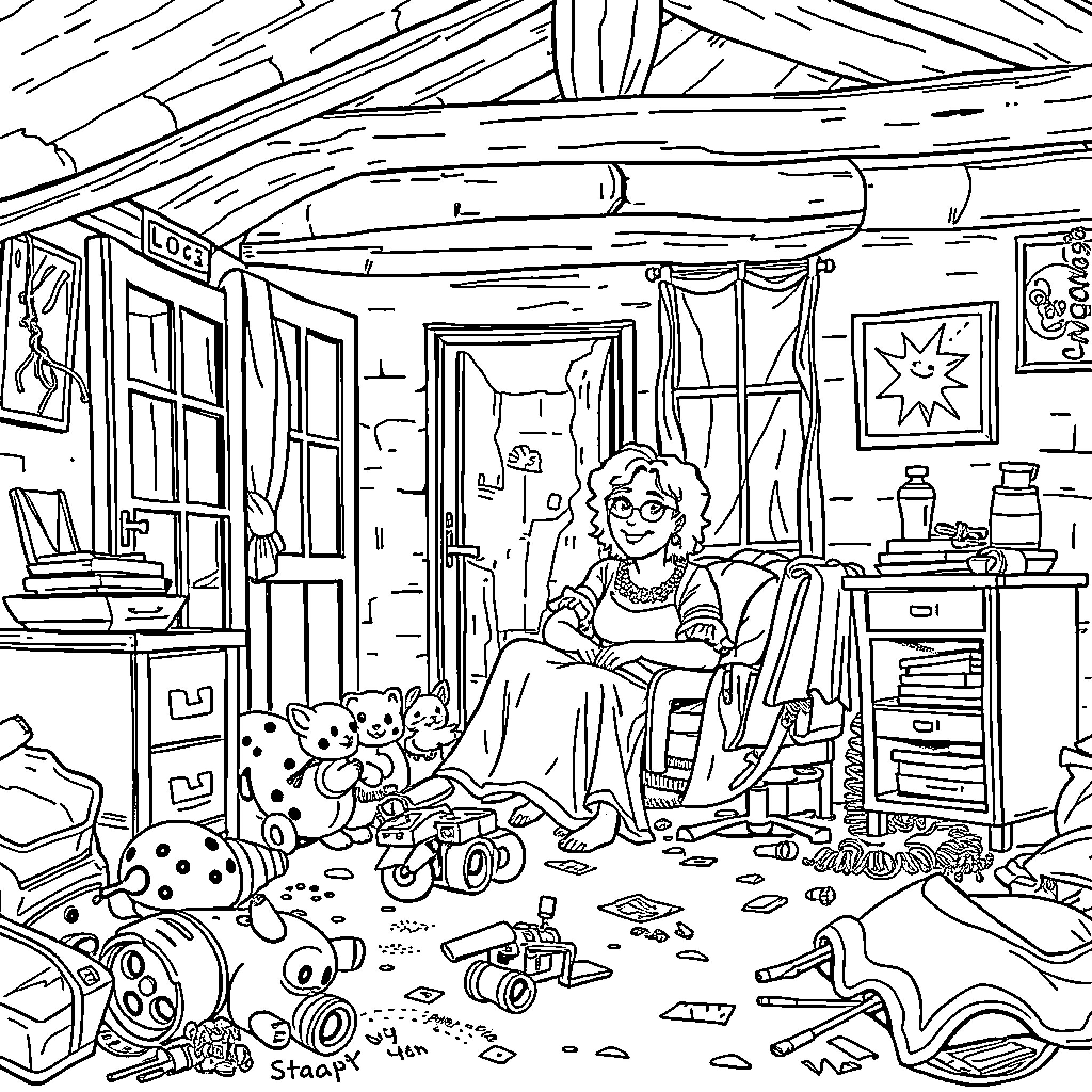 Señora's cozy cottage with toys and trinkets Coloring Page (free black-and-white line drawing printable PDF for all, from beginners to advanced learners, including children, teens, adults, and seniors)