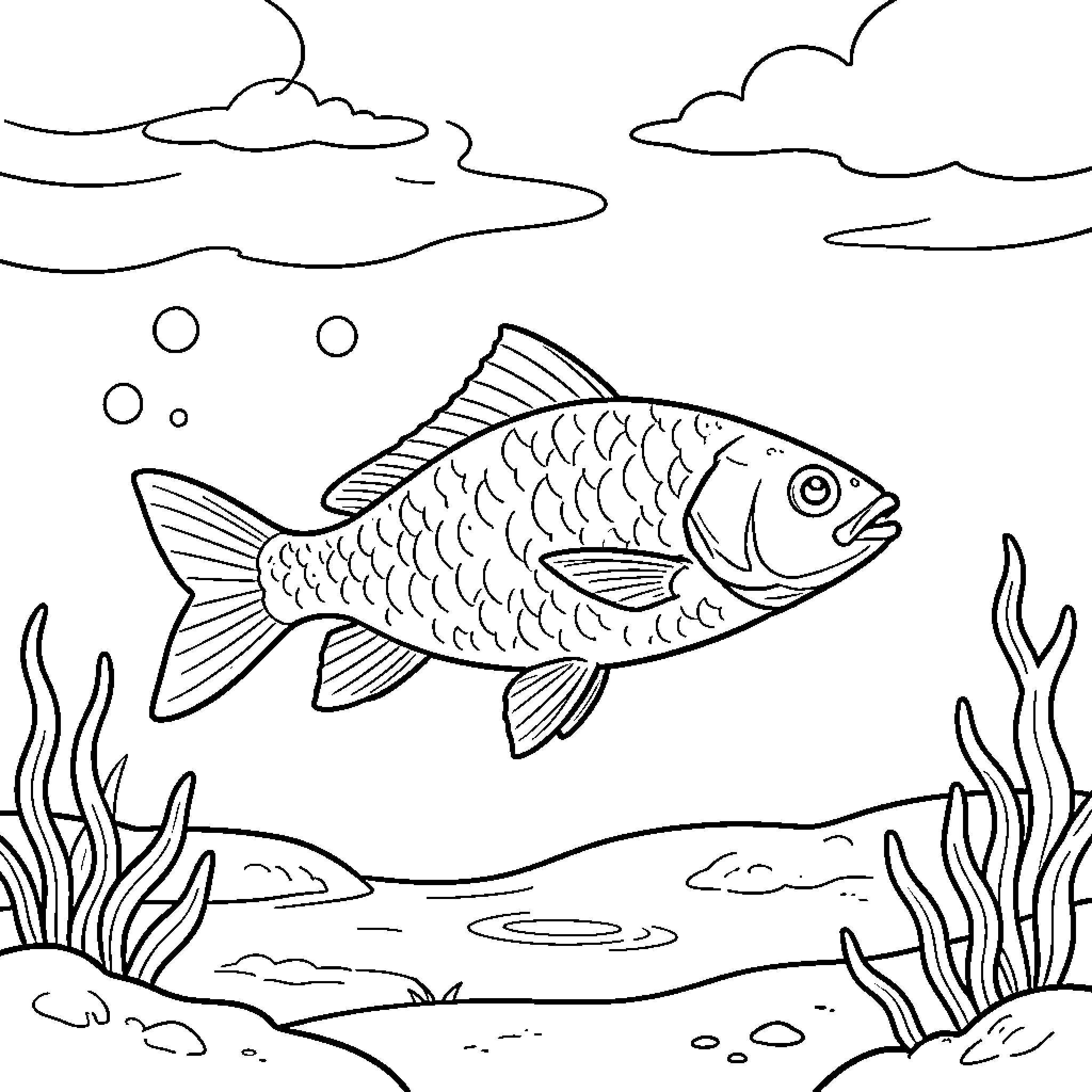 Fish swimming peacefully through underwater plants and bubbles Coloring Page (free black-and-white line drawing printable PDF for all, from beginners to advanced learners, including children, teens, adults, and seniors)