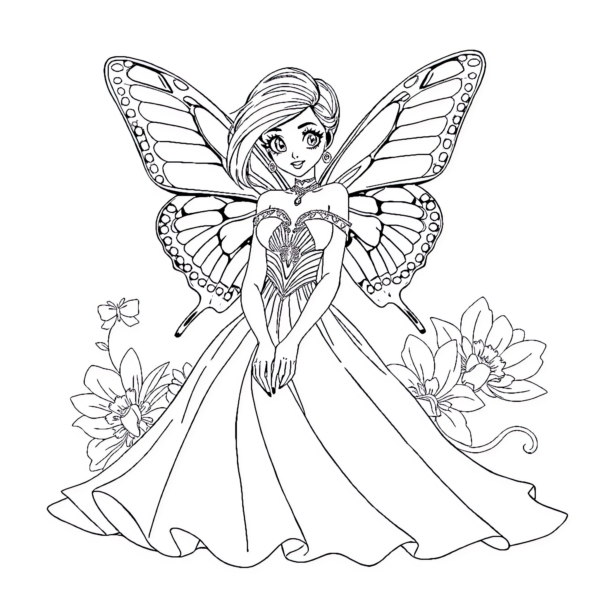 Anime Girl Fairy in Butterfly Dress with Floral Accents Coloring Page (free black-and-white line drawing printable PDF for all, from beginners to advanced learners, including children, teens, adults, and seniors)