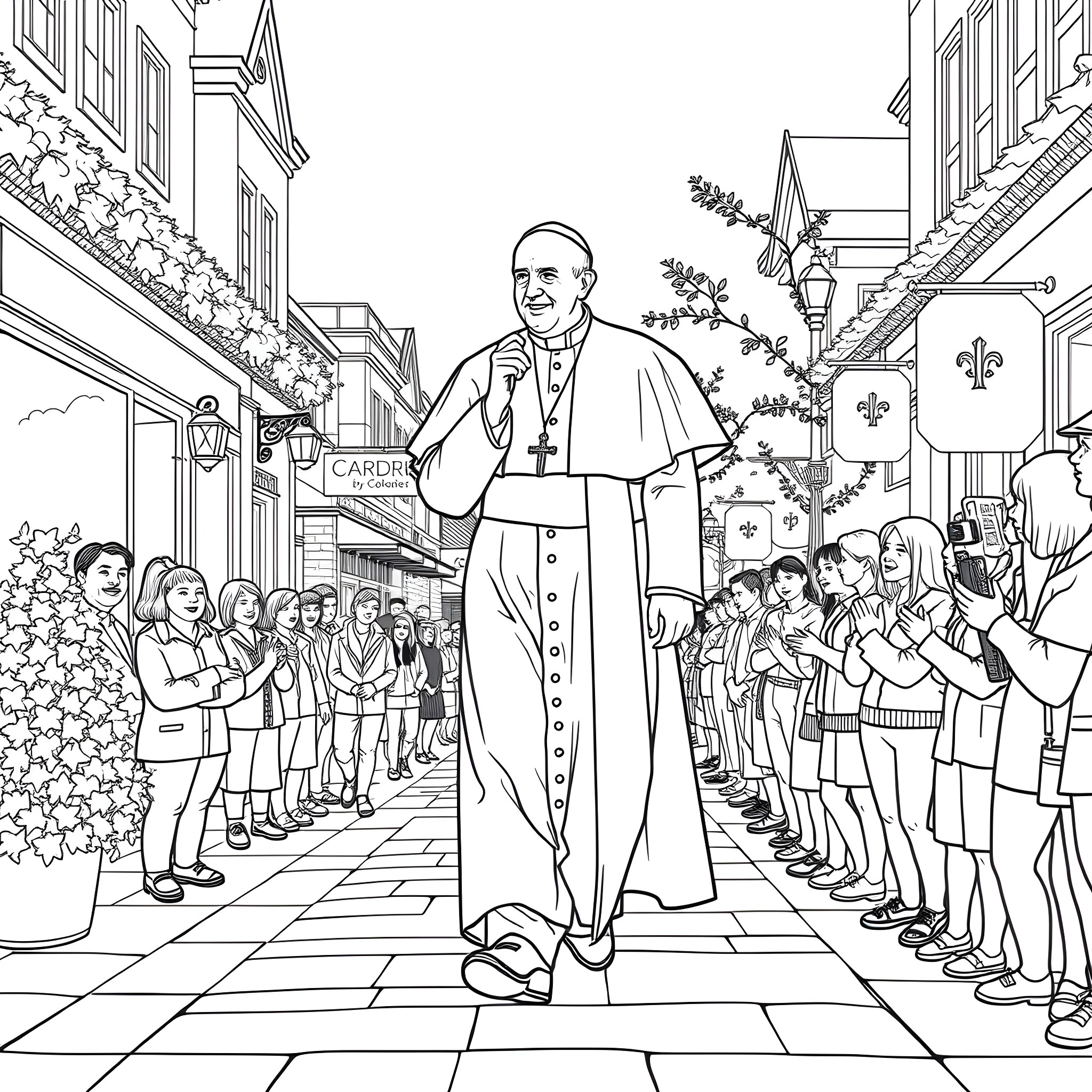 Pope greeting and blessing the crowd on a city street Coloring Page (free black-and-white line drawing printable PDF for all, from beginners to advanced learners, including children, teens, adults, and seniors)