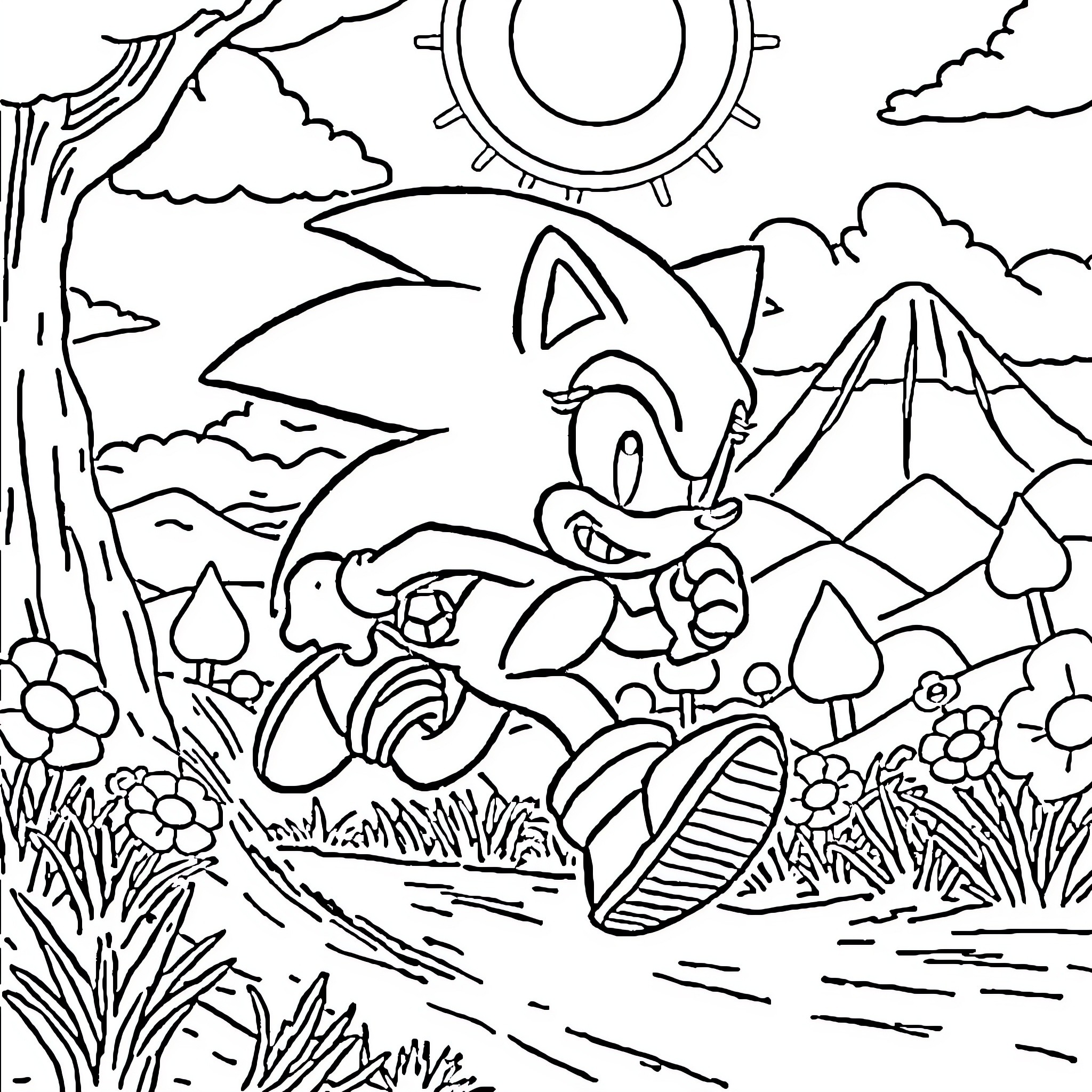Sonic's Adventurous Nature in the Vibrant Landscape Coloring Page (free black-and-white line drawing printable PDF for all, from beginners to advanced learners, including children, teens, adults, and seniors)