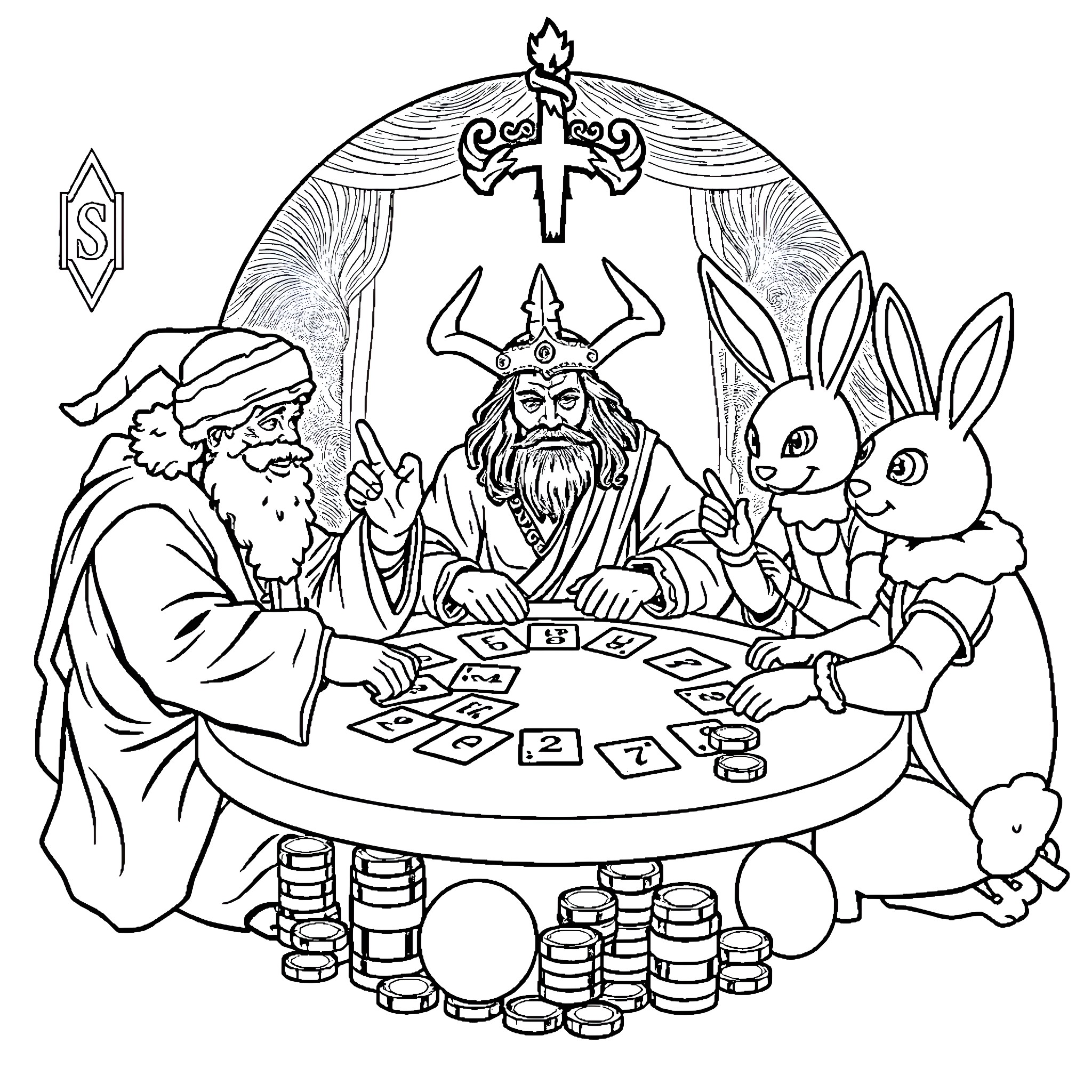 Jesus in a fantastical card game with mythical creatures Coloring Page (free black-and-white line drawing printable PDF for all, from beginners to advanced learners, including children, teens, adults, and seniors)