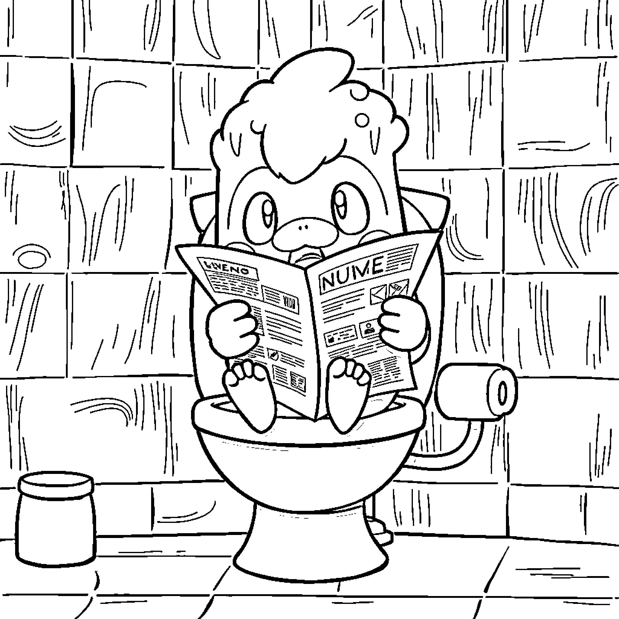 Sudowoodo reading a newspaper on the toilet Coloring Page (free black-and-white line drawing printable PDF for all, from beginners to advanced learners, including children, teens, adults, and seniors)