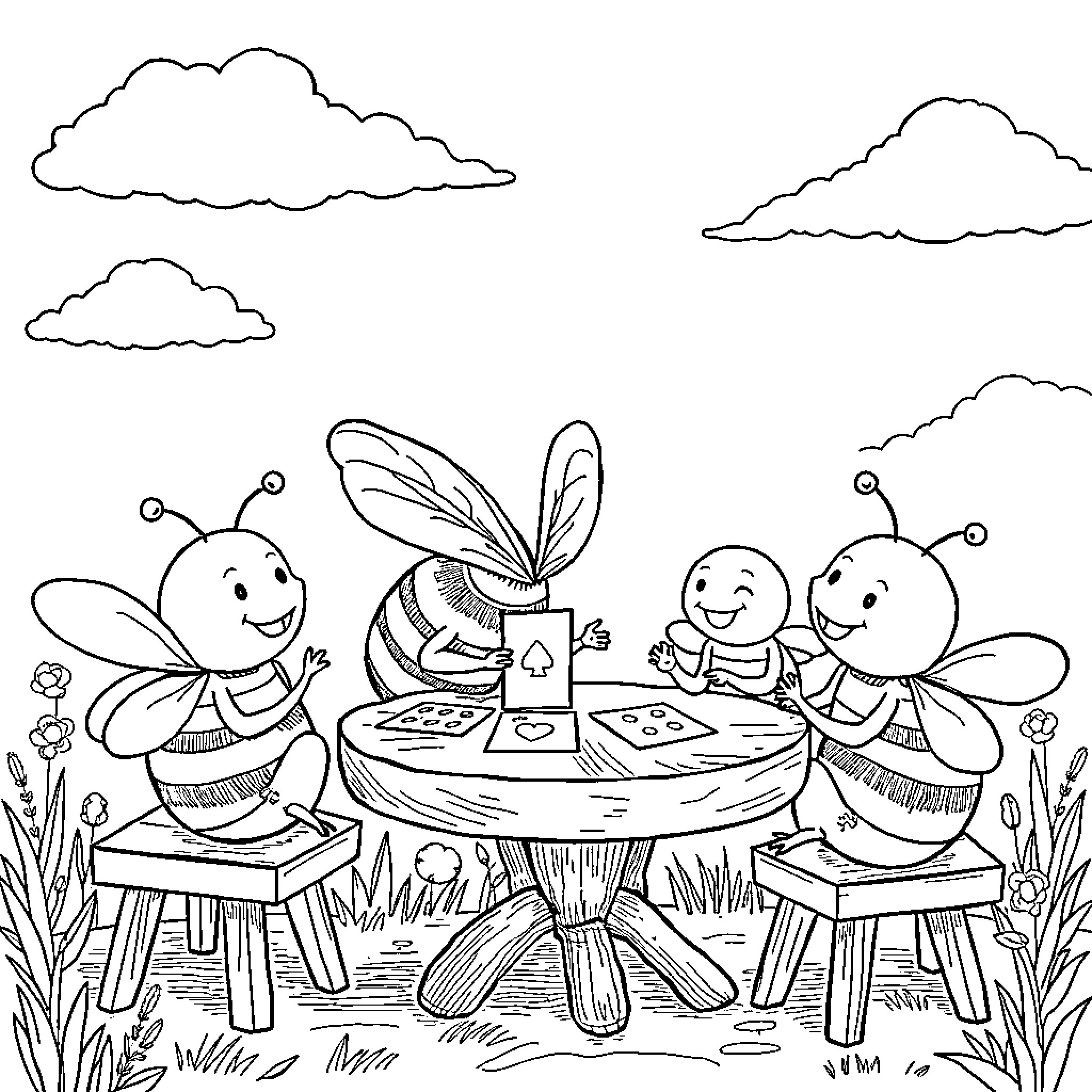 Bee Friends Enjoying a Picnic in the Park Coloring Page (free black-and-white line drawing printable PDF for all, from beginners to advanced learners, including children, teens, adults, and seniors)