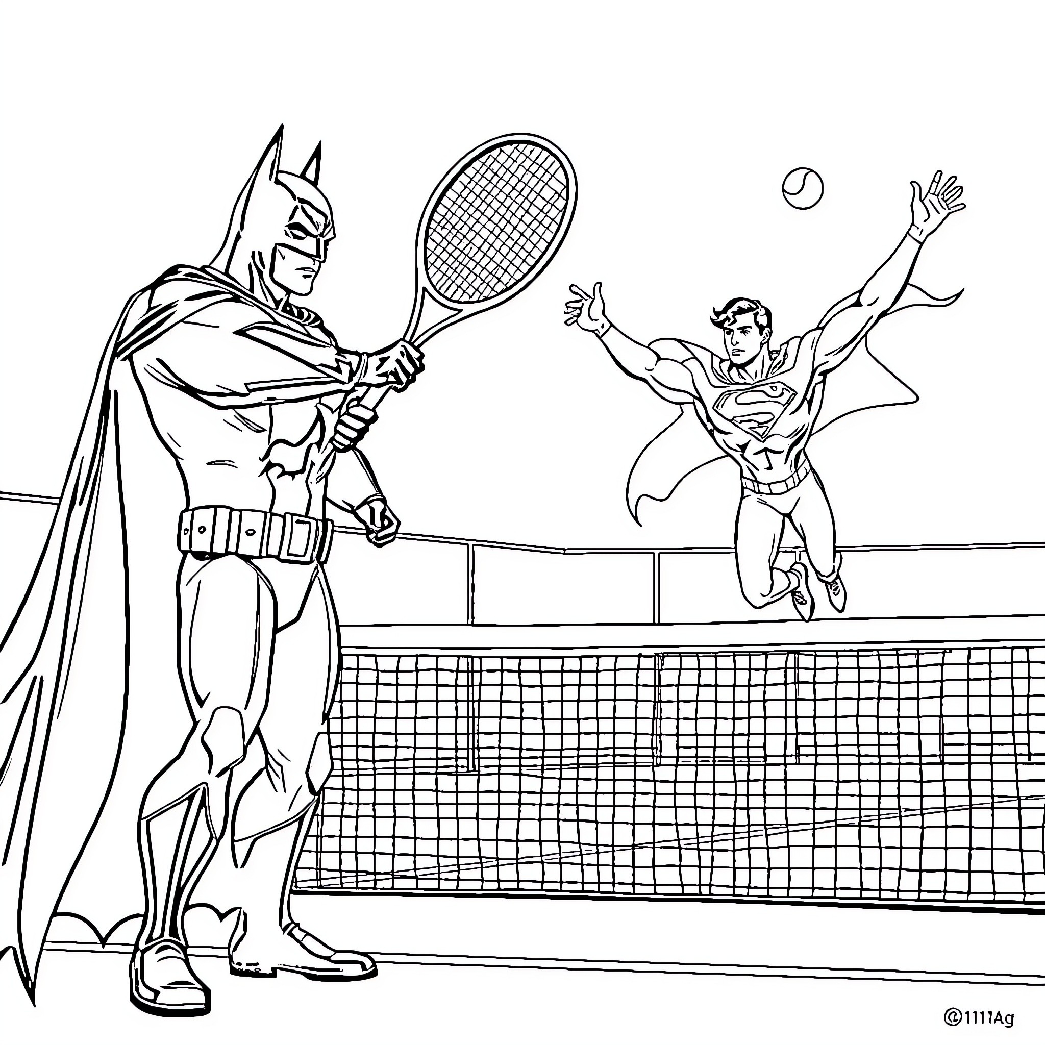 Batman and Superman Engage in Tennis Match Coloring Page (free black-and-white line drawing printable PDF for all, from beginners to advanced learners, including children, teens, adults, and seniors)