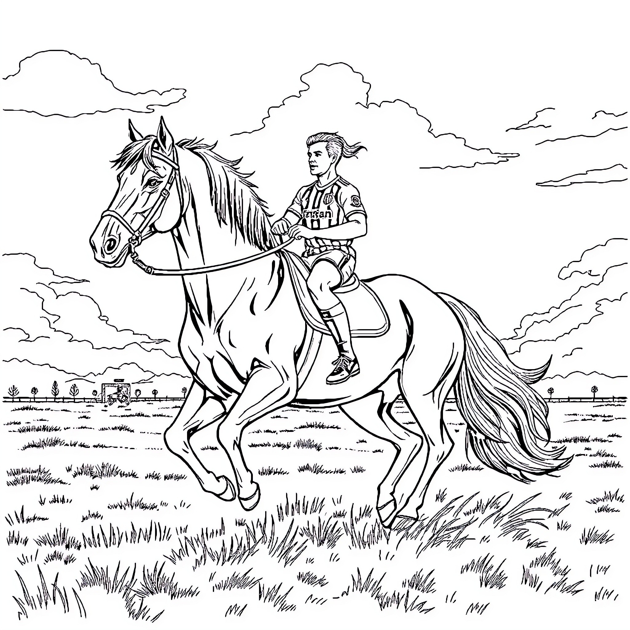 Footballer riding horse through countryside landscape Coloring Page (free black-and-white line drawing printable PDF for all, from beginners to advanced learners, including children, teens, adults, and seniors)
