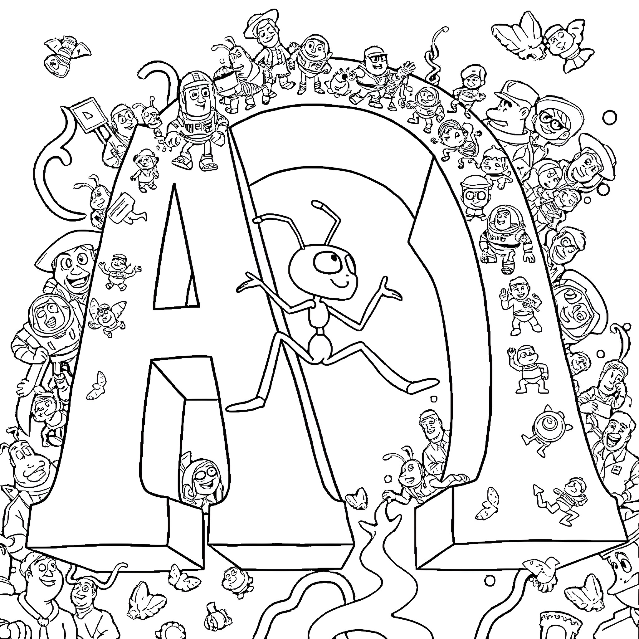 Atom Ant exploring the whimsical world of characters Coloring Page (free black-and-white line drawing printable PDF for all, from beginners to advanced learners, including children, teens, adults, and seniors)