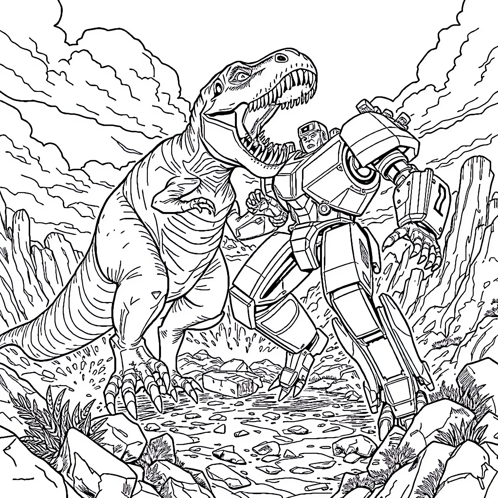 Dinosaur robot battle in the wild Coloring Page (free black-and-white line drawing printable PDF for all, from beginners to advanced learners, including children, teens, adults, and seniors)