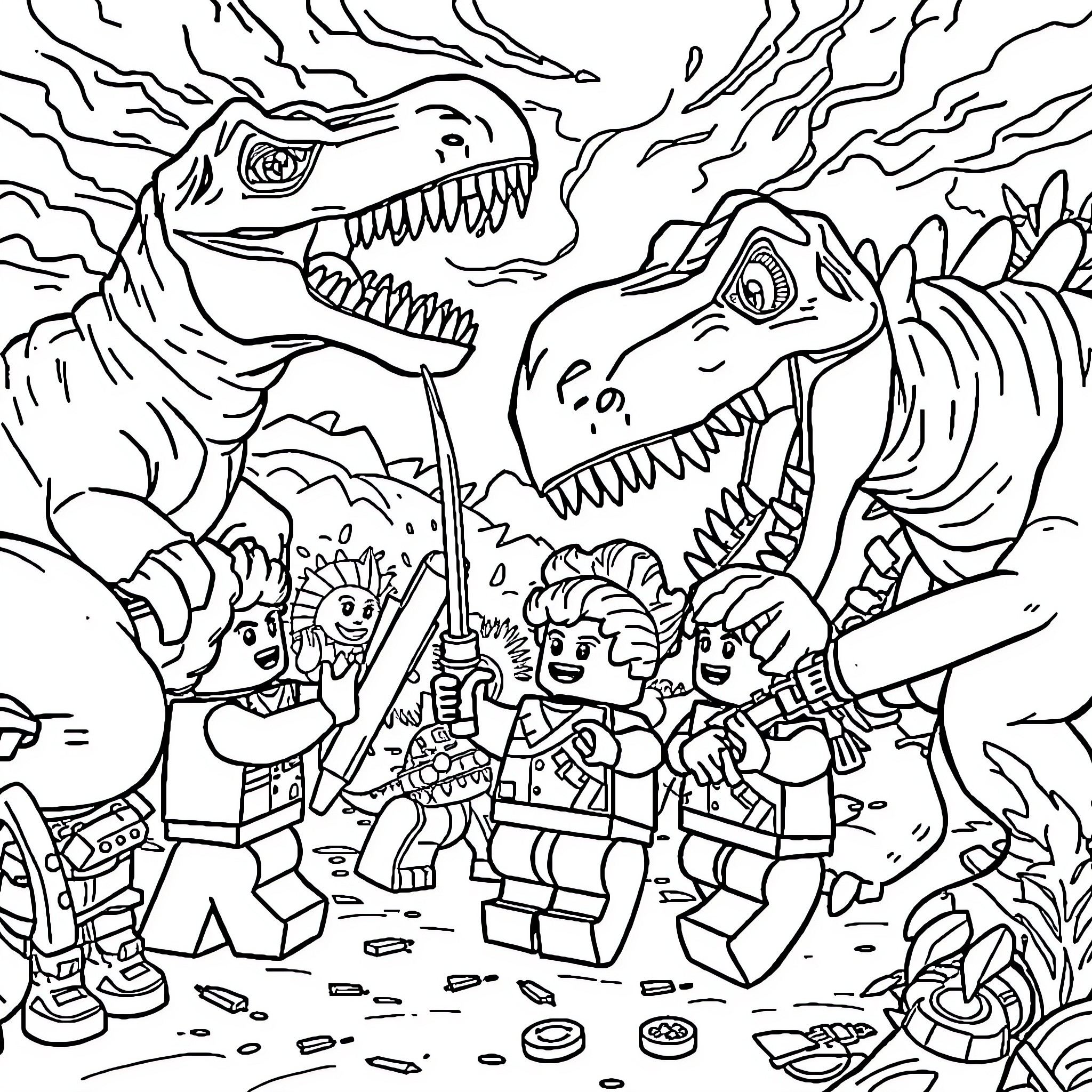 Lego Ninja Encounter Fierce Dinosaurs in the Jungle Coloring Page (free black-and-white line drawing printable PDF for all, from beginners to advanced learners, including children, teens, adults, and seniors)