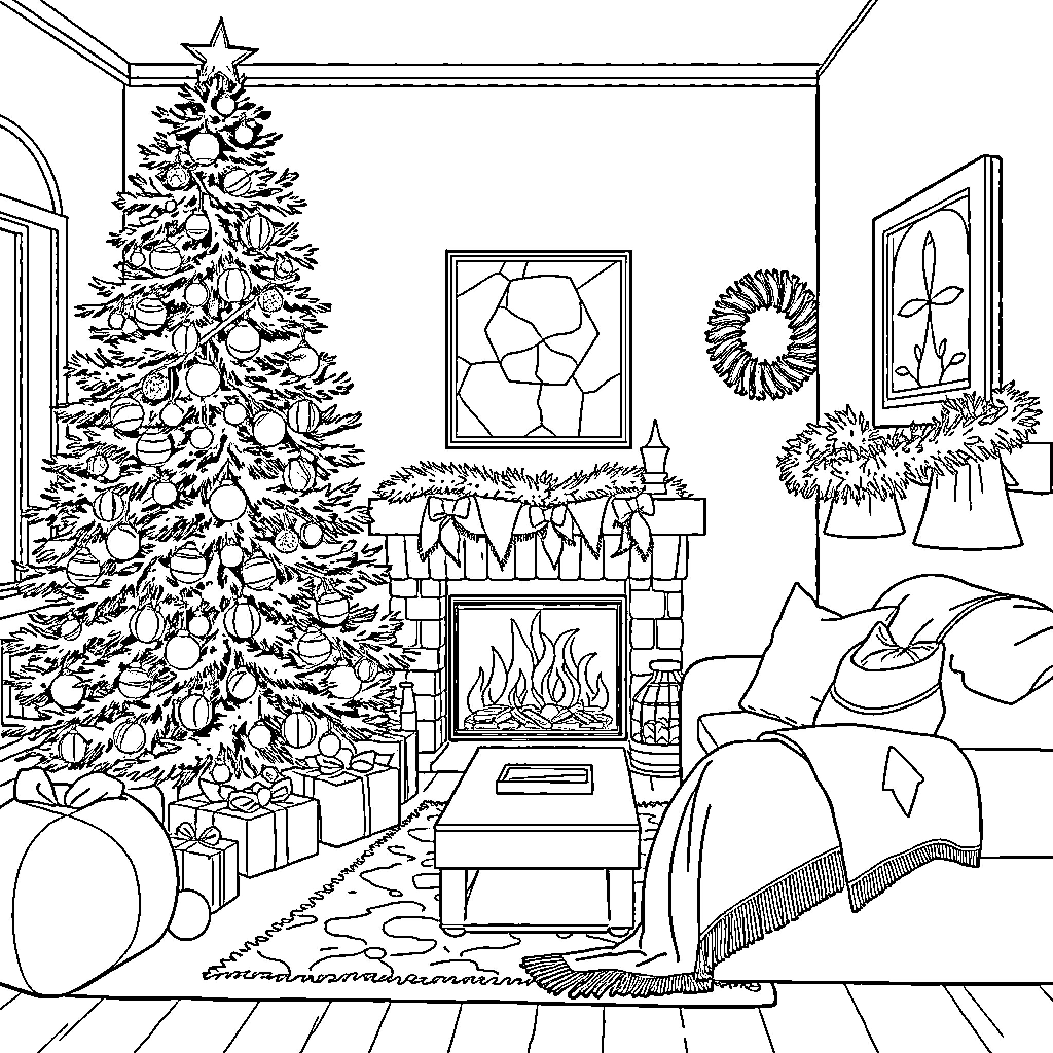 Living Room with Festive Christmas Decorations Coloring Page (free black-and-white line drawing printable PDF for all, from beginners to advanced learners, including children, teens, adults, and seniors)