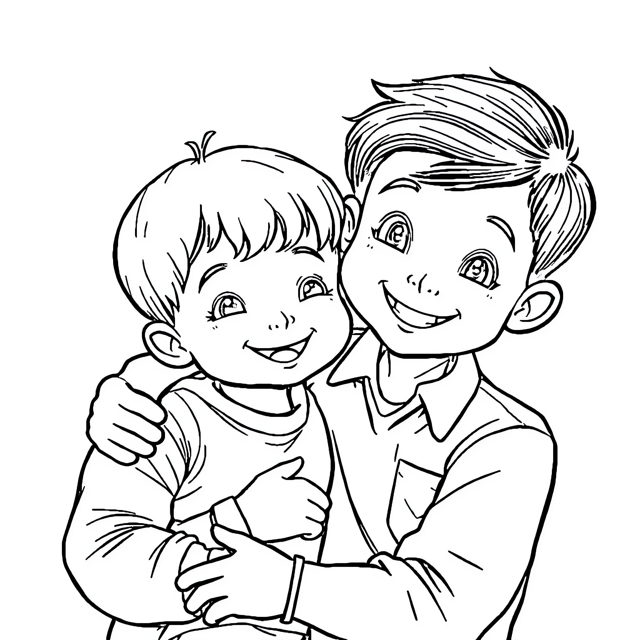 Brother's Playful Embrace Coloring Page (free black-and-white line drawing printable PDF for all, from beginners to advanced learners, including children, teens, adults, and seniors)