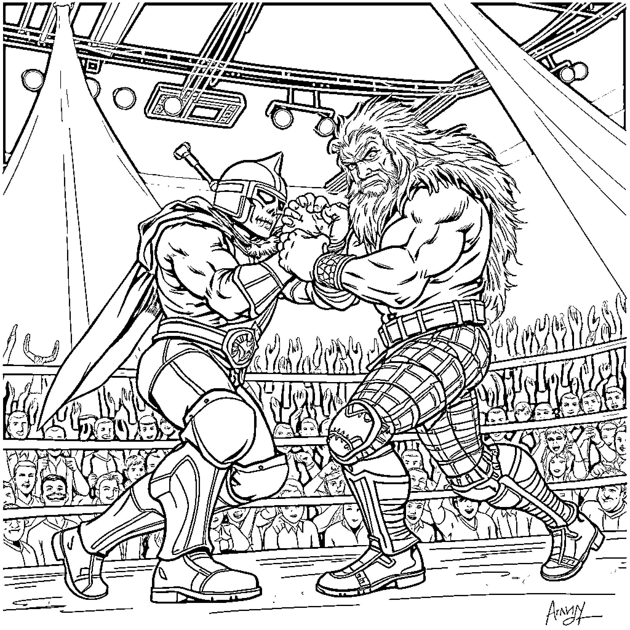 Wrestlers in an Intense Grappling Match in the Arena Coloring Page (free black-and-white line drawing printable PDF for all, from beginners to advanced learners, including children, teens, adults, and seniors)
