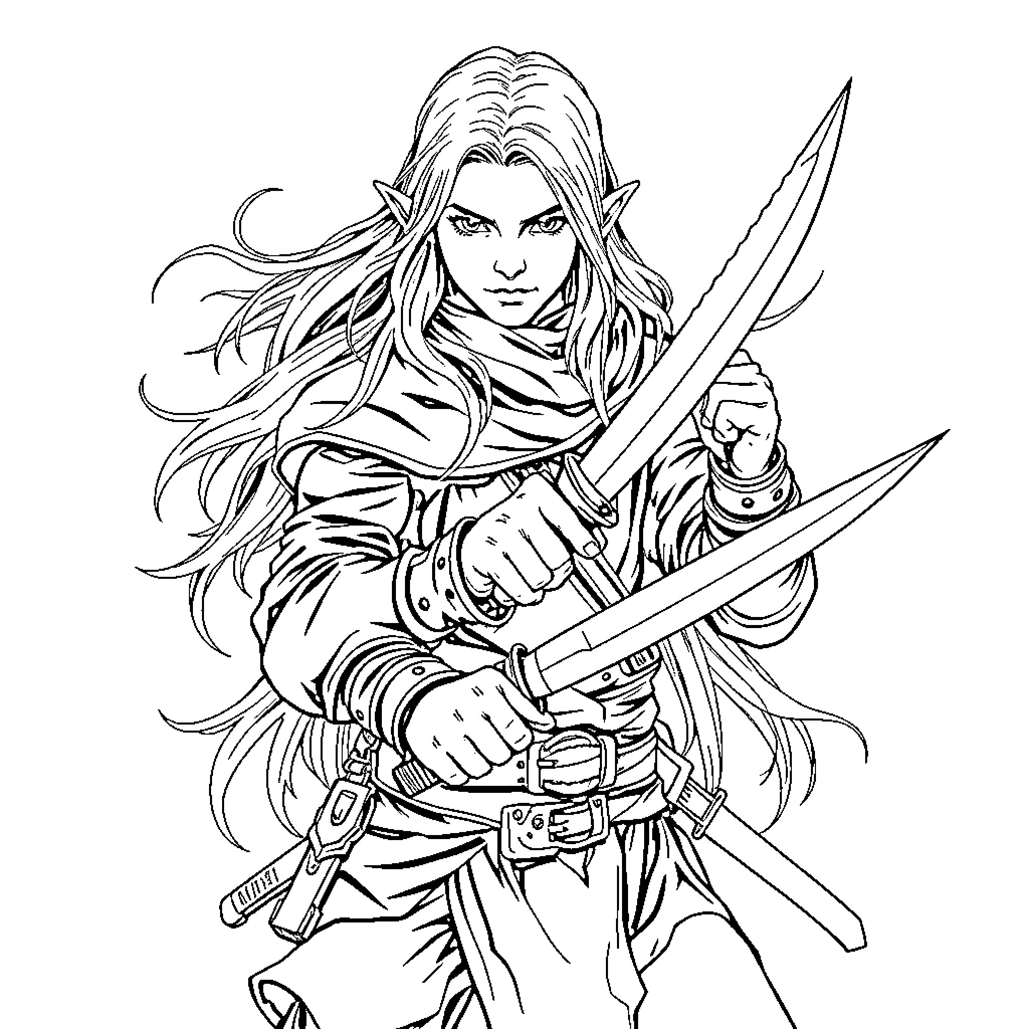 Half Elf Warrior Wielding Swords with Determination Coloring Page (free black-and-white line drawing printable PDF for all, from beginners to advanced learners, including children, teens, adults, and seniors)