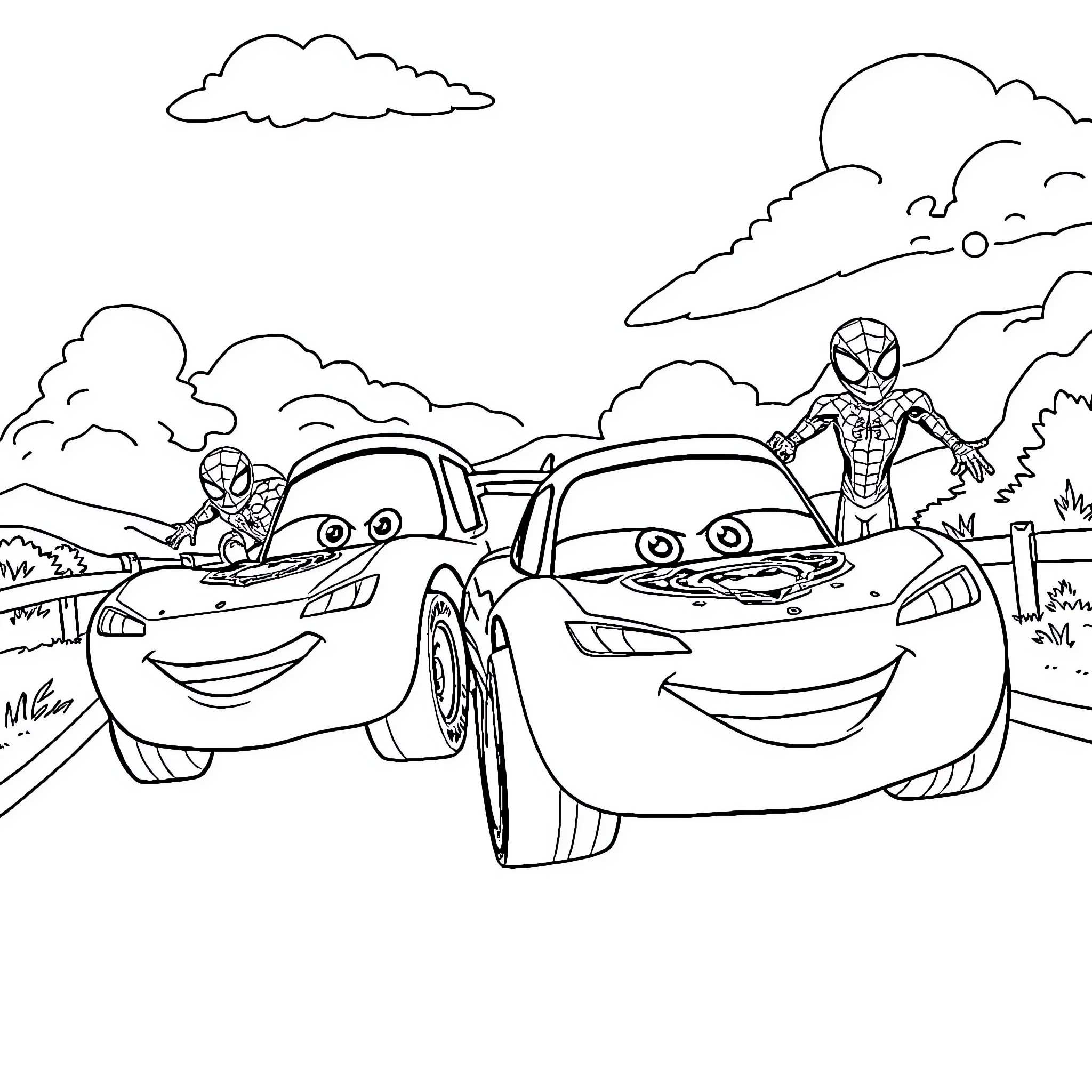 Mater and Cars Characters on Adventure Coloring Page (free black-and-white line drawing printable PDF for all, from beginners to advanced learners, including children, teens, adults, and seniors)