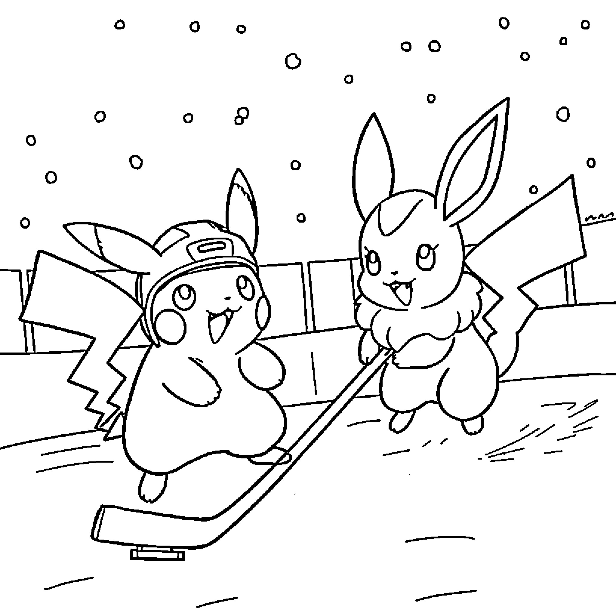 Pikachu and Eevee playing together in winter Coloring Page (free black-and-white line drawing printable PDF for all, from beginners to advanced learners, including children, teens, adults, and seniors)