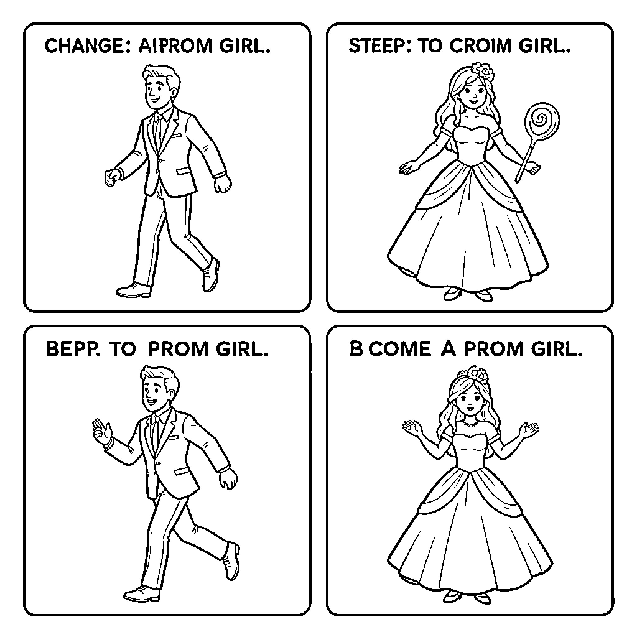 Promgirl in elegant dresses and young man in suits Coloring Page (free black-and-white line drawing printable PDF for all, from beginners to advanced learners, including children, teens, adults, and seniors)