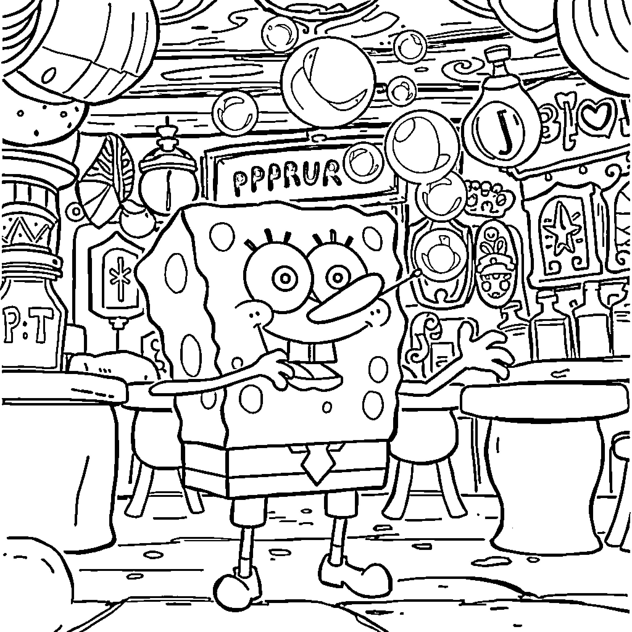 Spongebob's Quirky Adventure in a Vibrant World Coloring Page (free black-and-white line drawing printable PDF for all, from beginners to advanced learners, including children, teens, adults, and seniors)