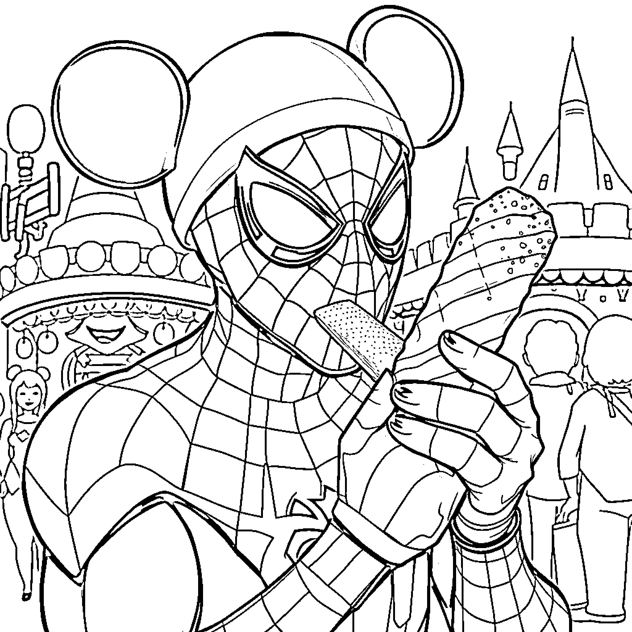 Spider-Man swinging through a fantastical cityscape Coloring Page (free black-and-white line drawing printable PDF for all, from beginners to advanced learners, including children, teens, adults, and seniors)