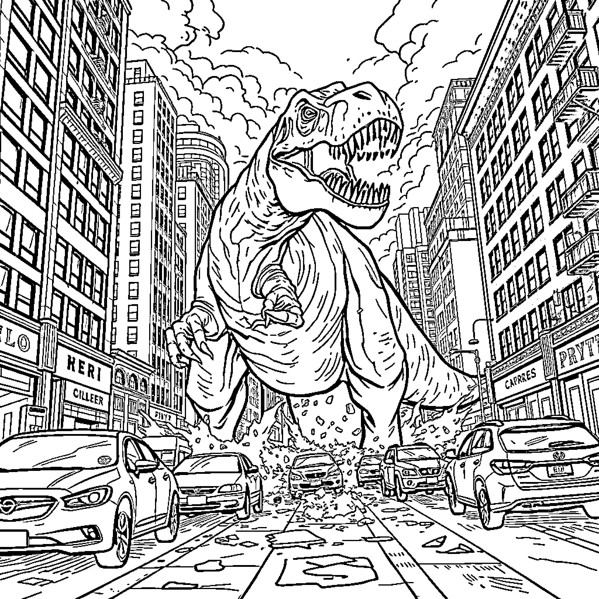 Zombie Dinosaur Stomping Through the City Streets Coloring Page (free black-and-white line drawing printable PDF for all, from beginners to advanced learners, including children, teens, adults, and seniors)