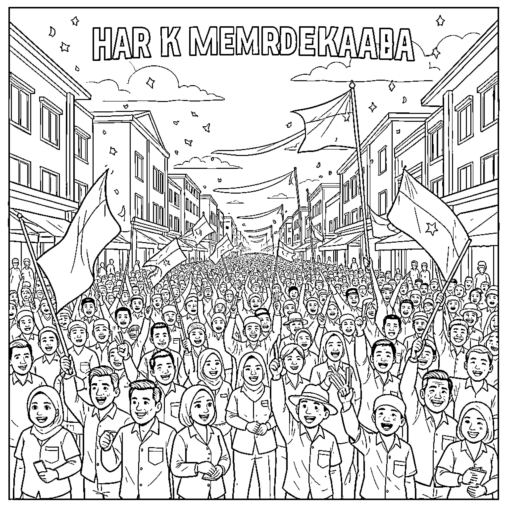 Independence celebration with a joyful crowd waving flags Coloring Page (free black-and-white line drawing printable PDF for all, from beginners to advanced learners, including children, teens, adults, and seniors)