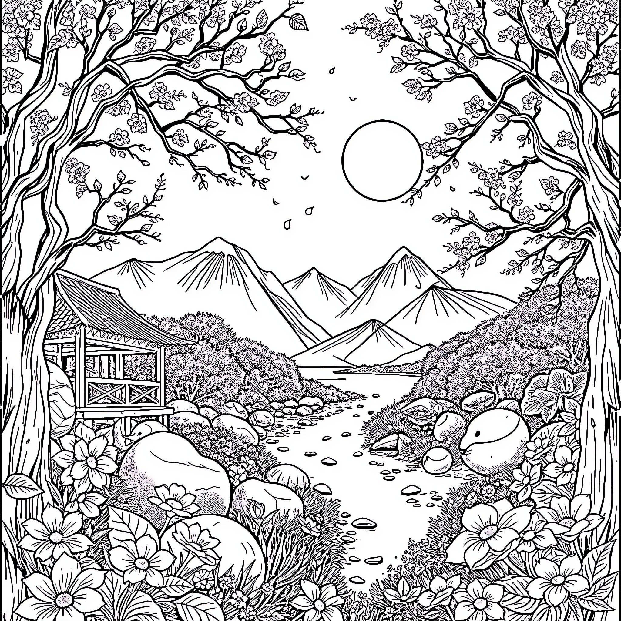 Warrior Cat in Peaceful Forest Landscape Coloring Page (free black-and-white line drawing printable PDF for all, from beginners to advanced learners, including children, teens, adults, and seniors)