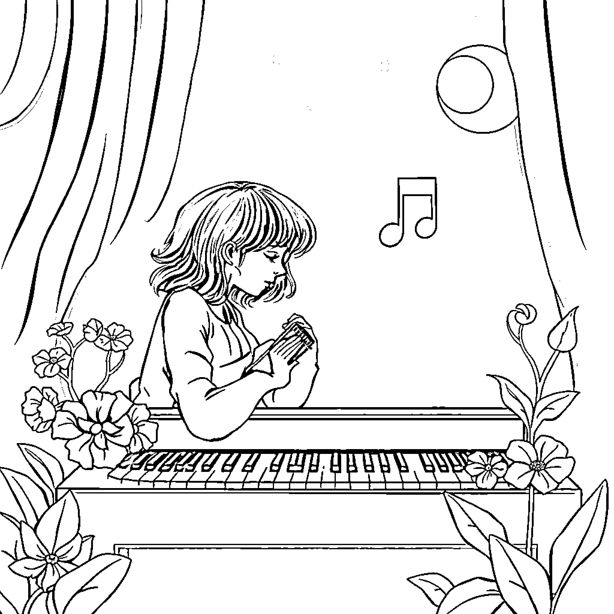 Music: Girl playing piano surrounded by flowers Coloring Page (free black-and-white line drawing printable PDF for all, from beginners to advanced learners, including children, teens, adults, and seniors)