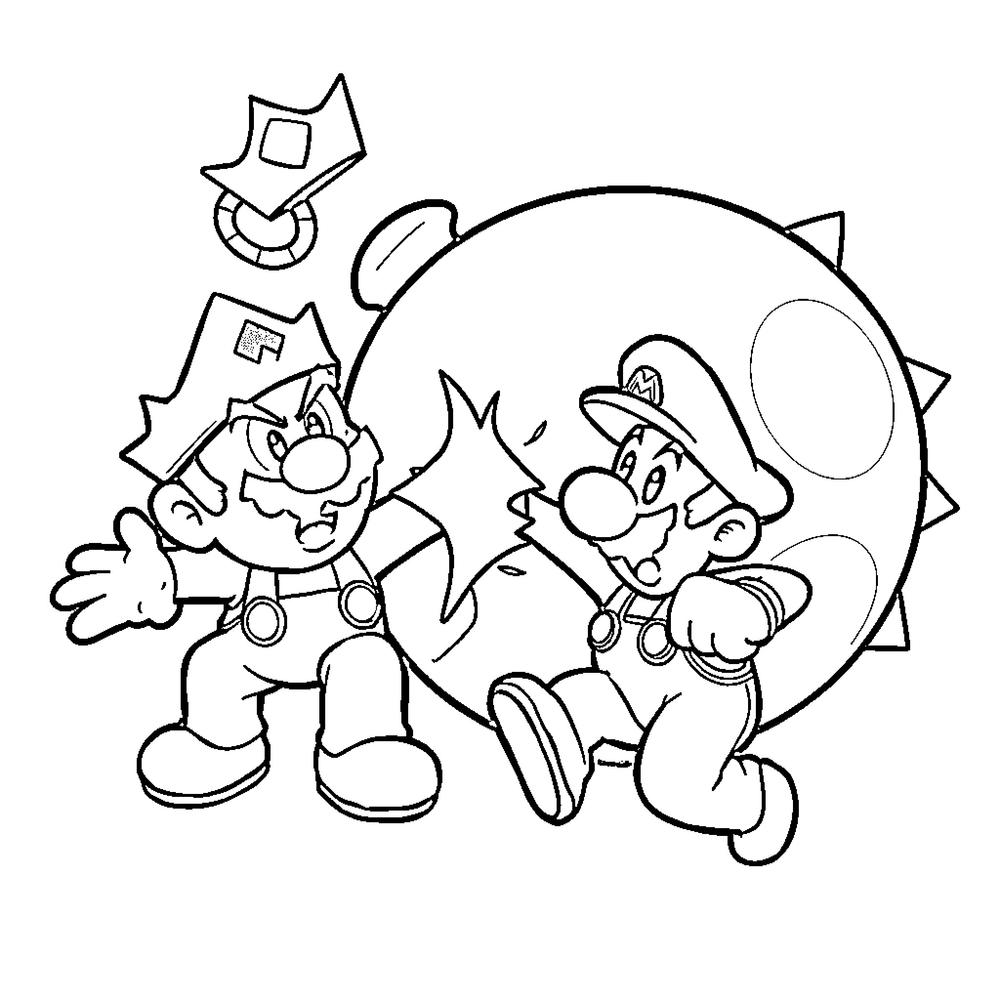 King Bomb: Mischievous Mario and Luigi characters Coloring Page (free black-and-white line drawing printable PDF for all, from beginners to advanced learners, including children, teens, adults, and seniors)
