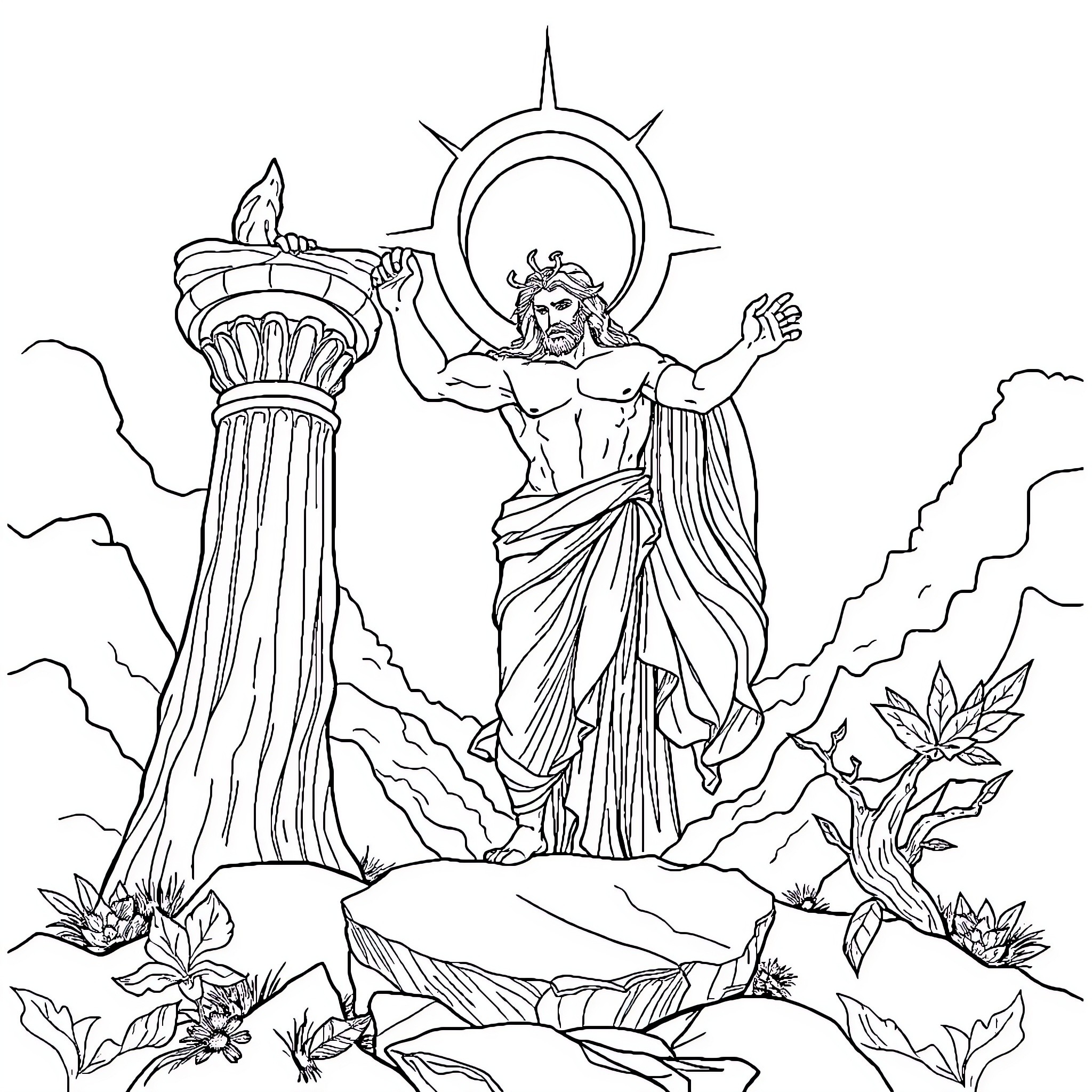 Archeus - Deity displaying divine power in mythical landscape Coloring Page (free black-and-white line drawing printable PDF for all, from beginners to advanced learners, including children, teens, adults, and seniors)