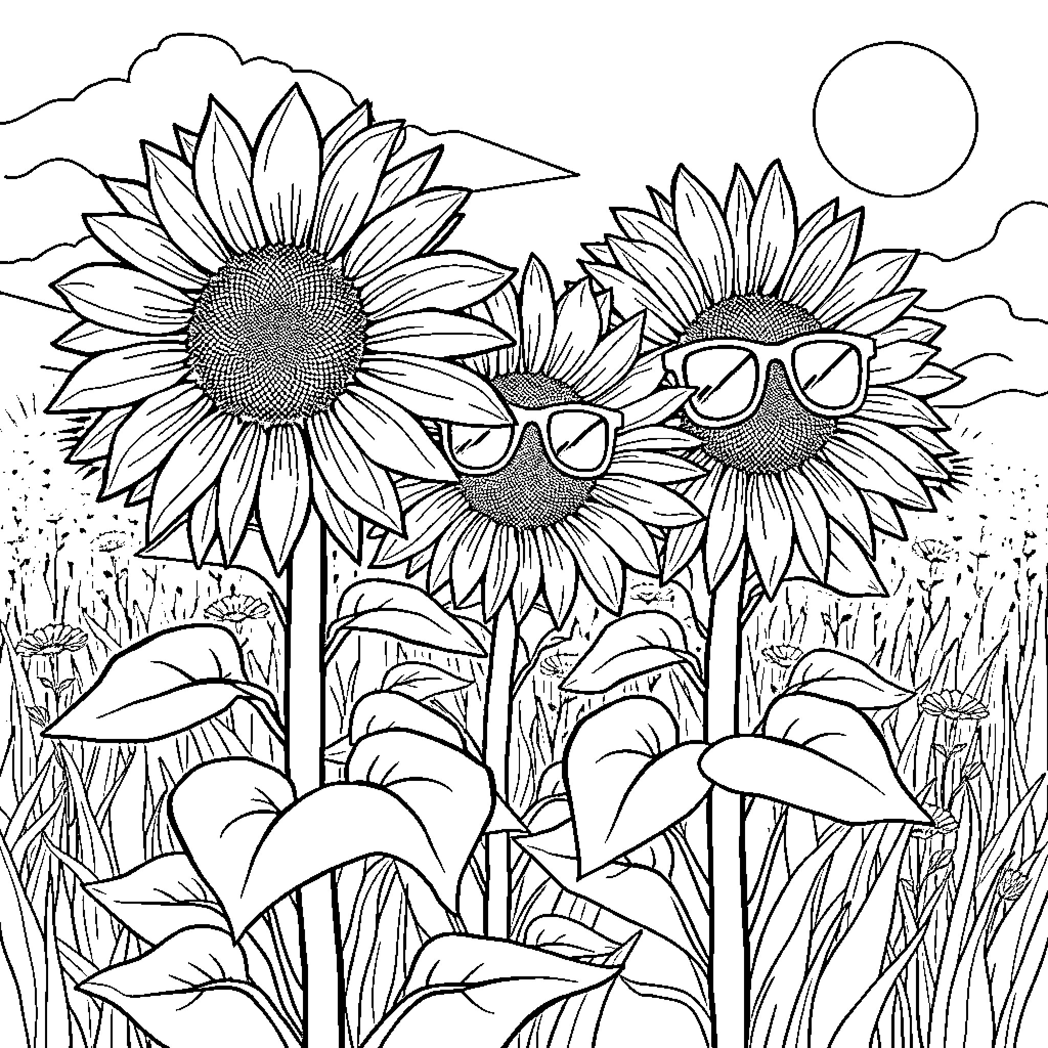 Sunflower Field with Playful Sunflowers Coloring Page (free black-and-white line drawing printable PDF for all, from beginners to advanced learners, including children, teens, adults, and seniors)