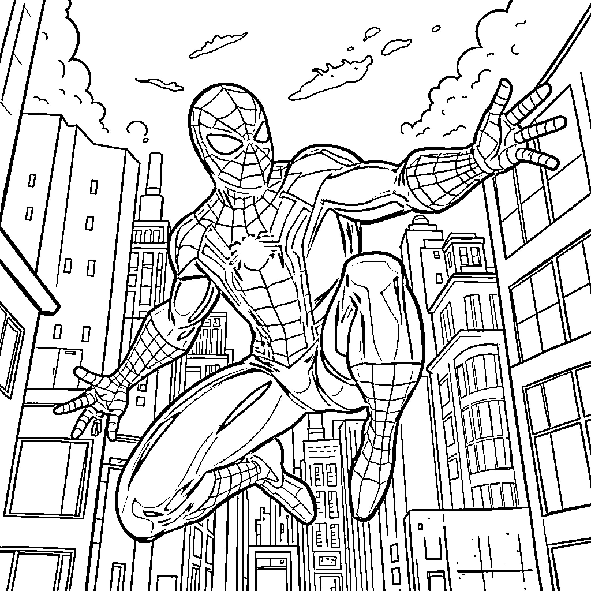 Spiderman swinging through the city skyline Coloring Page (free black-and-white line drawing printable PDF for all, from beginners to advanced learners, including children, teens, adults, and seniors)
