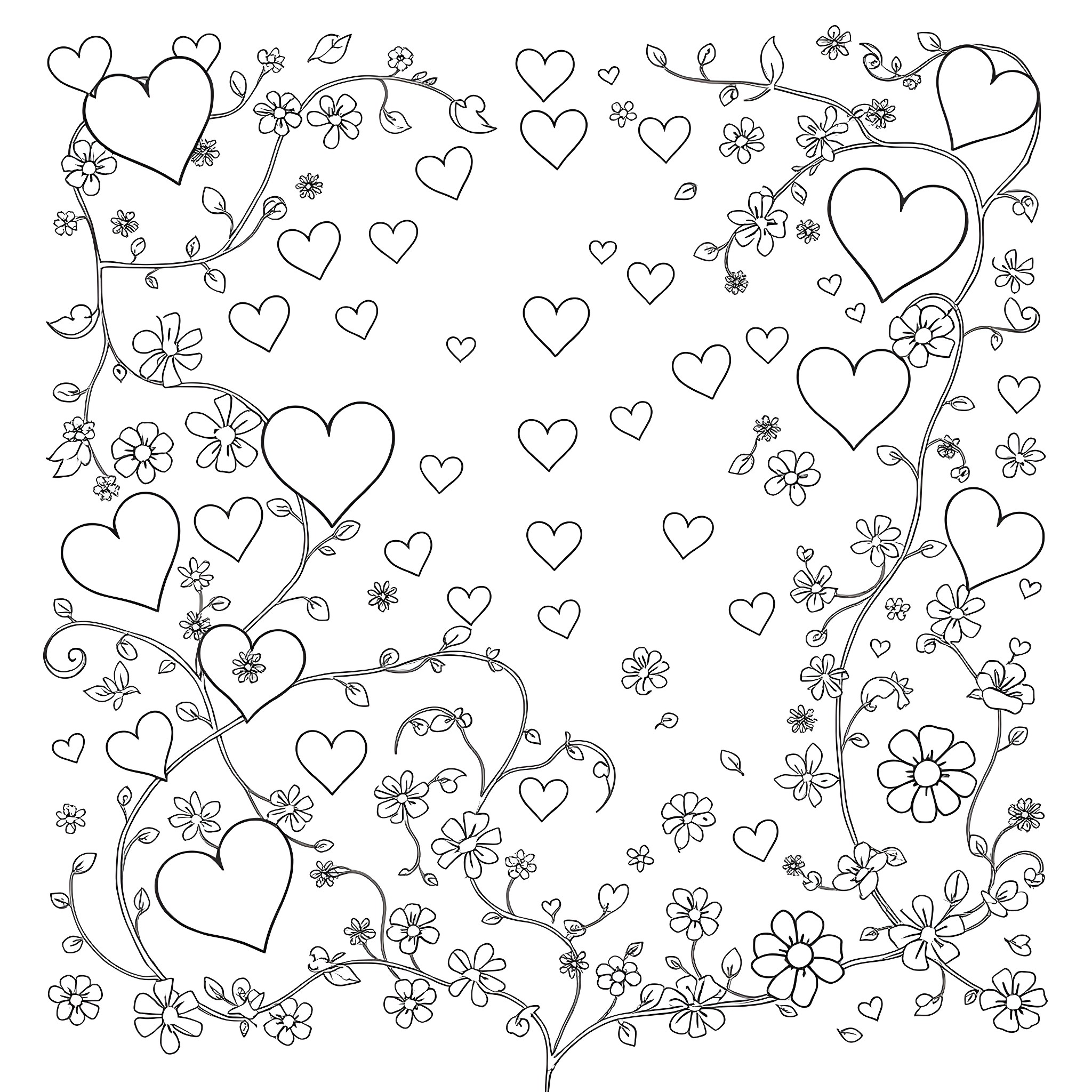 Valentine's Day flowers and hearts Coloring Page (free black-and-white line drawing printable PDF for all, from beginners to advanced learners, including children, teens, adults, and seniors)