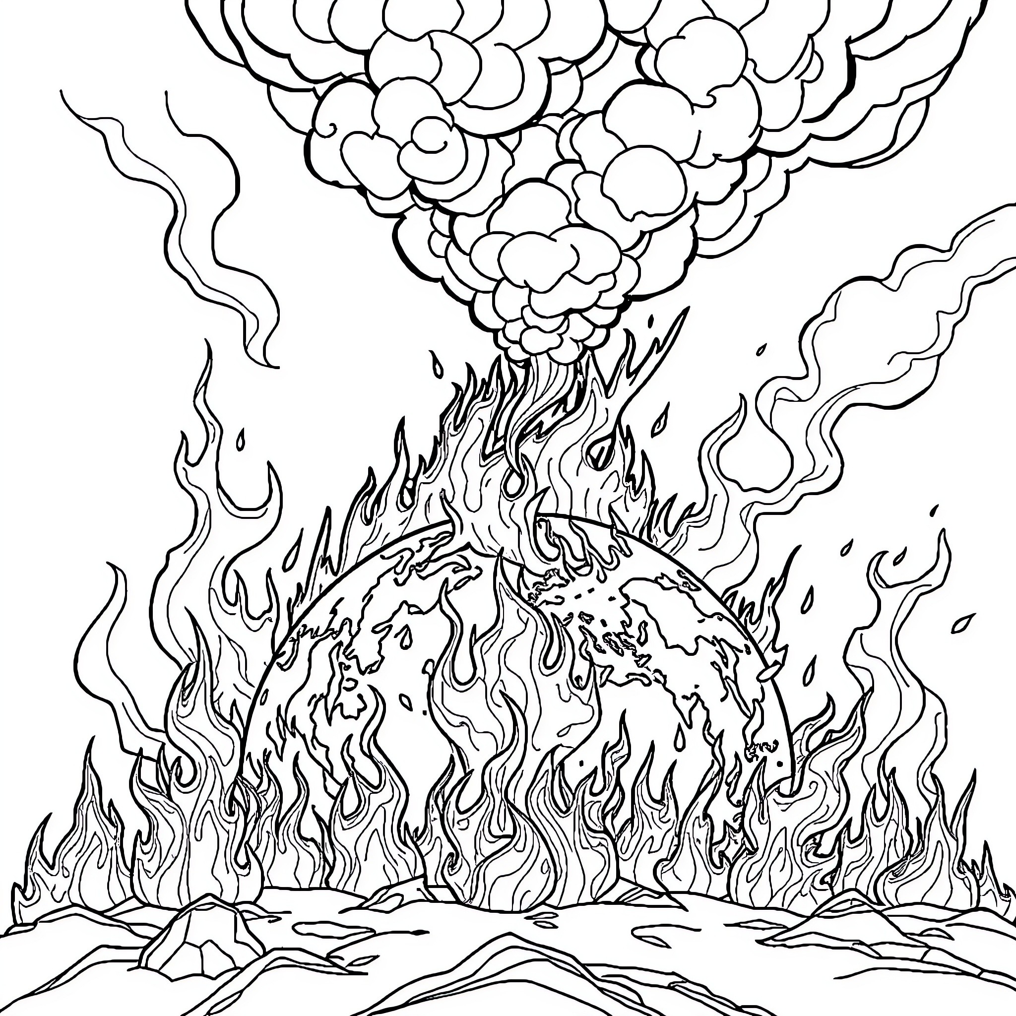 World Enveloped in Flames and Smoke Coloring Page (free black-and-white line drawing printable PDF for all, from beginners to advanced learners, including children, teens, adults, and seniors)