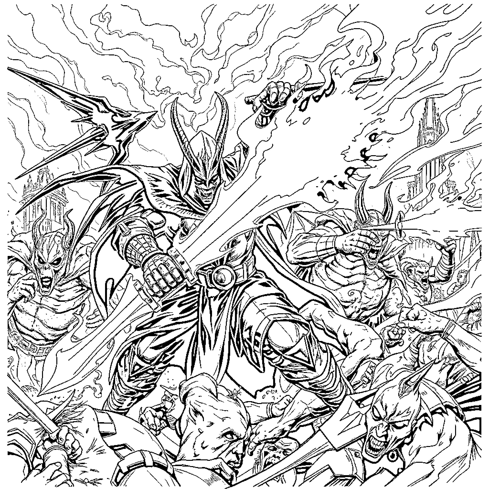 Doomslayer's Relentless Rampage Amidst Chaos Coloring Page (free black-and-white line drawing printable PDF for all, from beginners to advanced learners, including children, teens, adults, and seniors)
