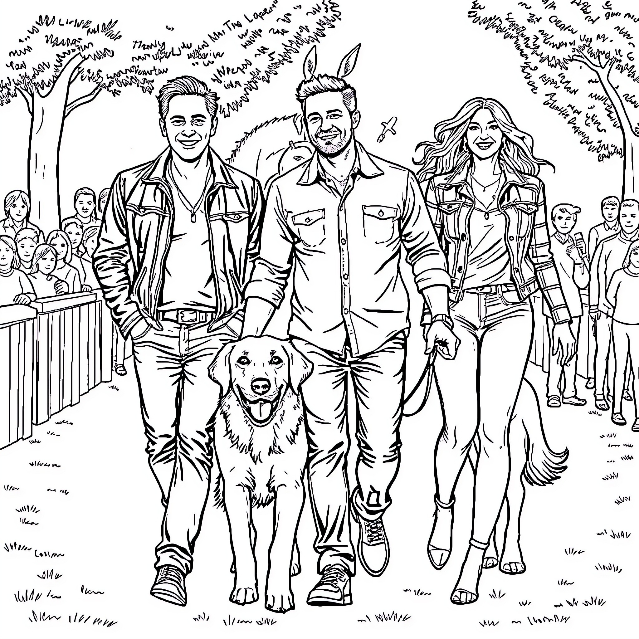 Robbie Williams and Family at Outdoor Event Coloring Page (free black-and-white line drawing printable PDF for all, from beginners to advanced learners, including children, teens, adults, and seniors)