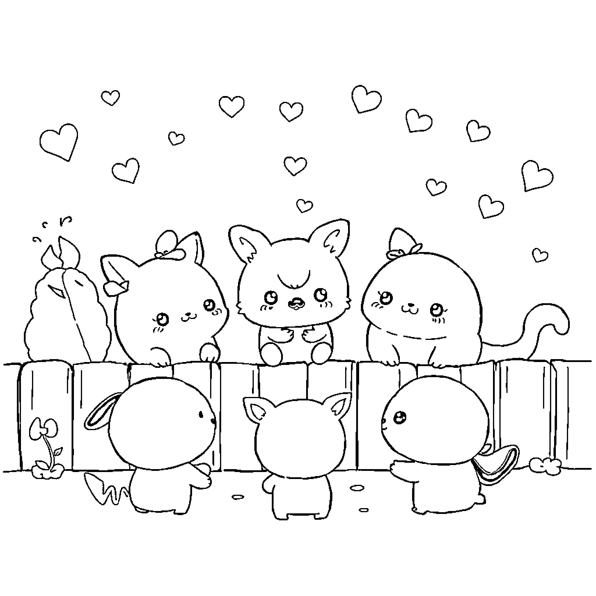 Mochi characters in a playful and endearing scene Coloring Page (free black-and-white line drawing printable PDF for all, from beginners to advanced learners, including children, teens, adults, and seniors)