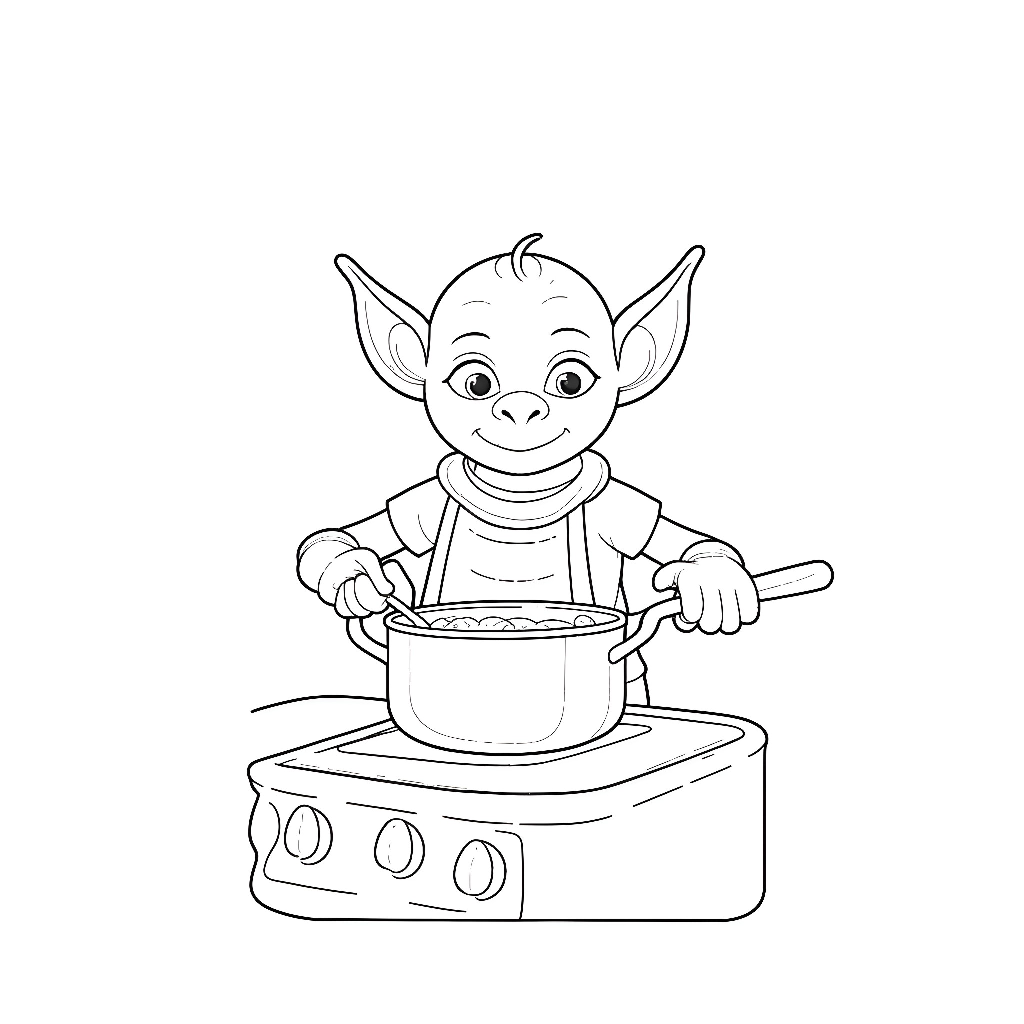 Goblin cooking happily in the kitchen Coloring Page (free black-and-white line drawing printable PDF for all, from beginners to advanced learners, including children, teens, adults, and seniors)