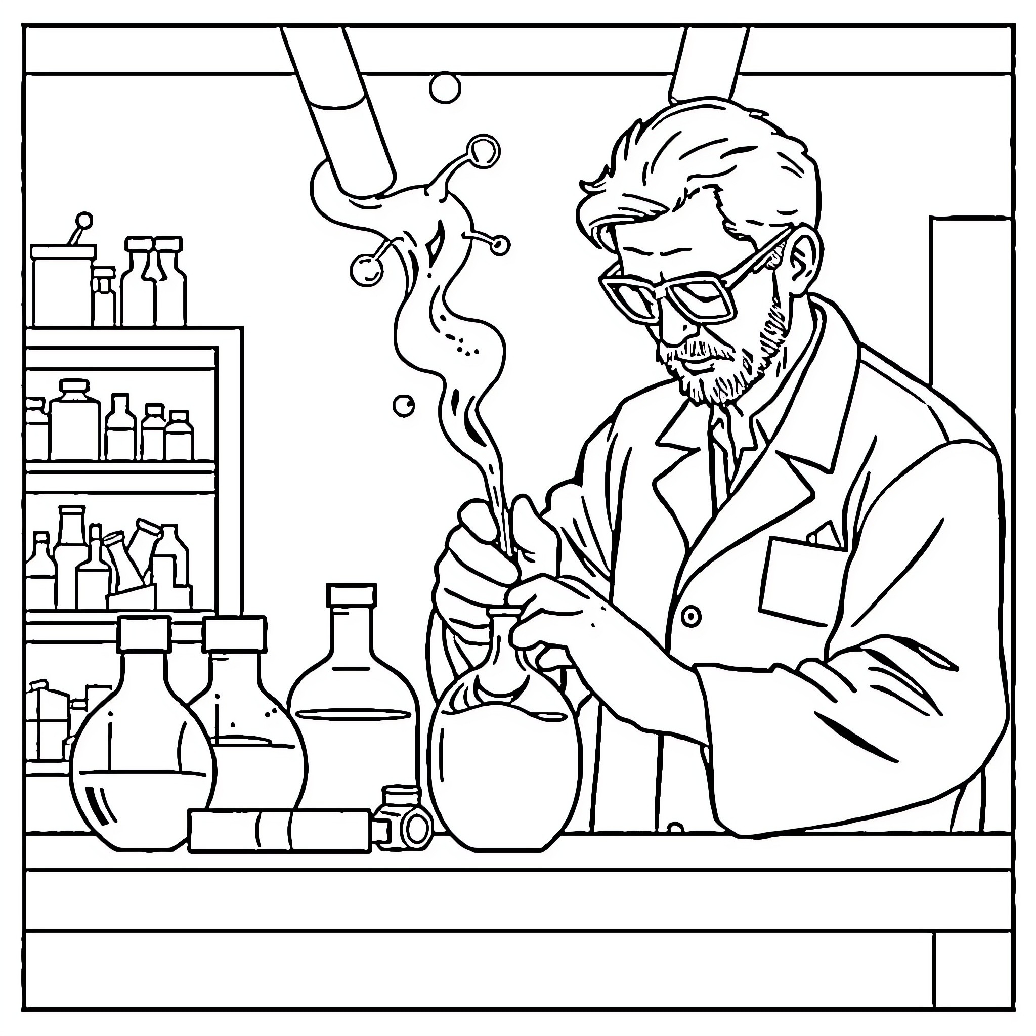 Científico realiza experimentos em seu laboratório Coloring Page (free black-and-white line drawing printable PDF for all, from beginners to advanced learners, including children, teens, adults, and seniors)