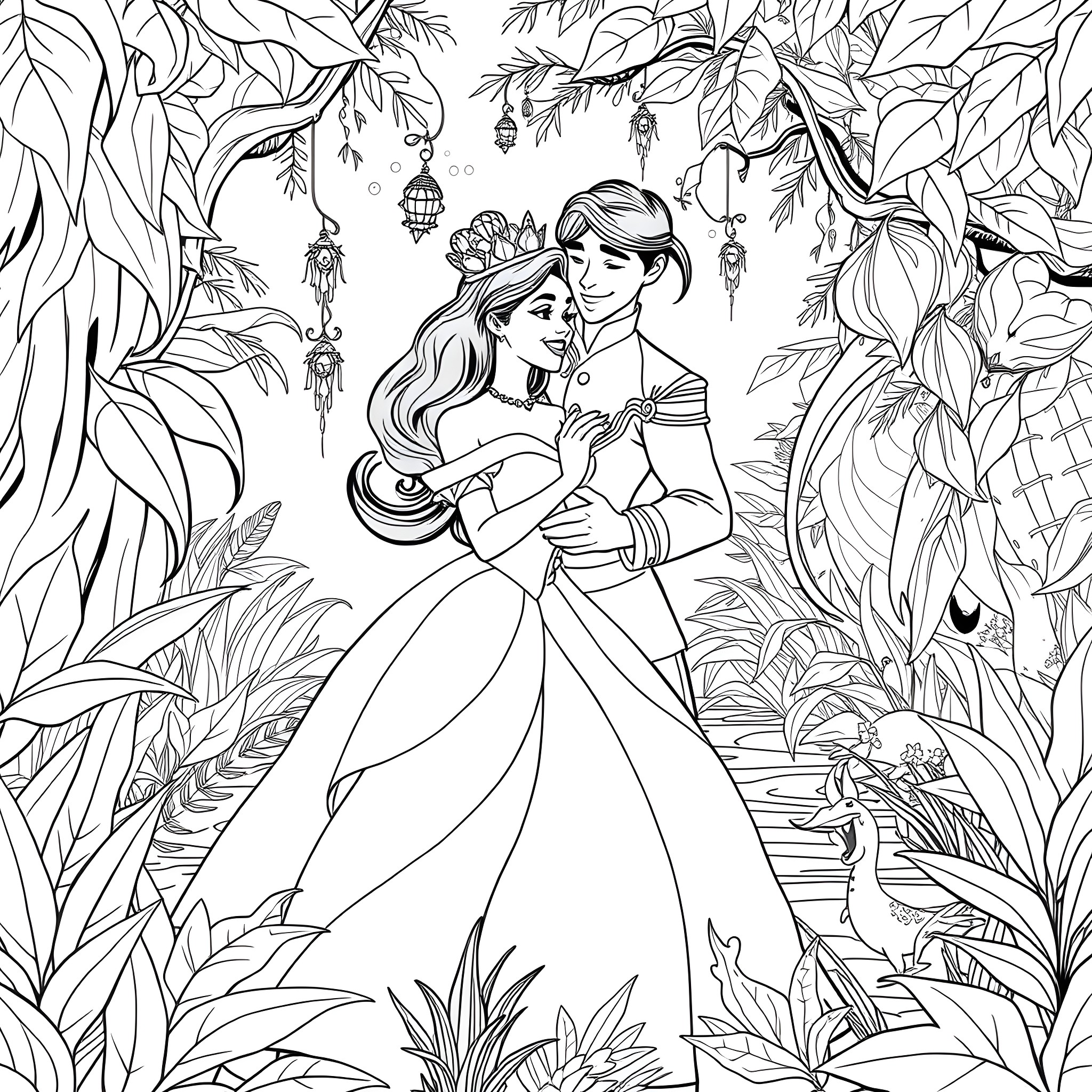 Tiana's Enchanting Embrace in the Lush Jungle Coloring Page (free black-and-white line drawing printable PDF for all, from beginners to advanced learners, including children, teens, adults, and seniors)
