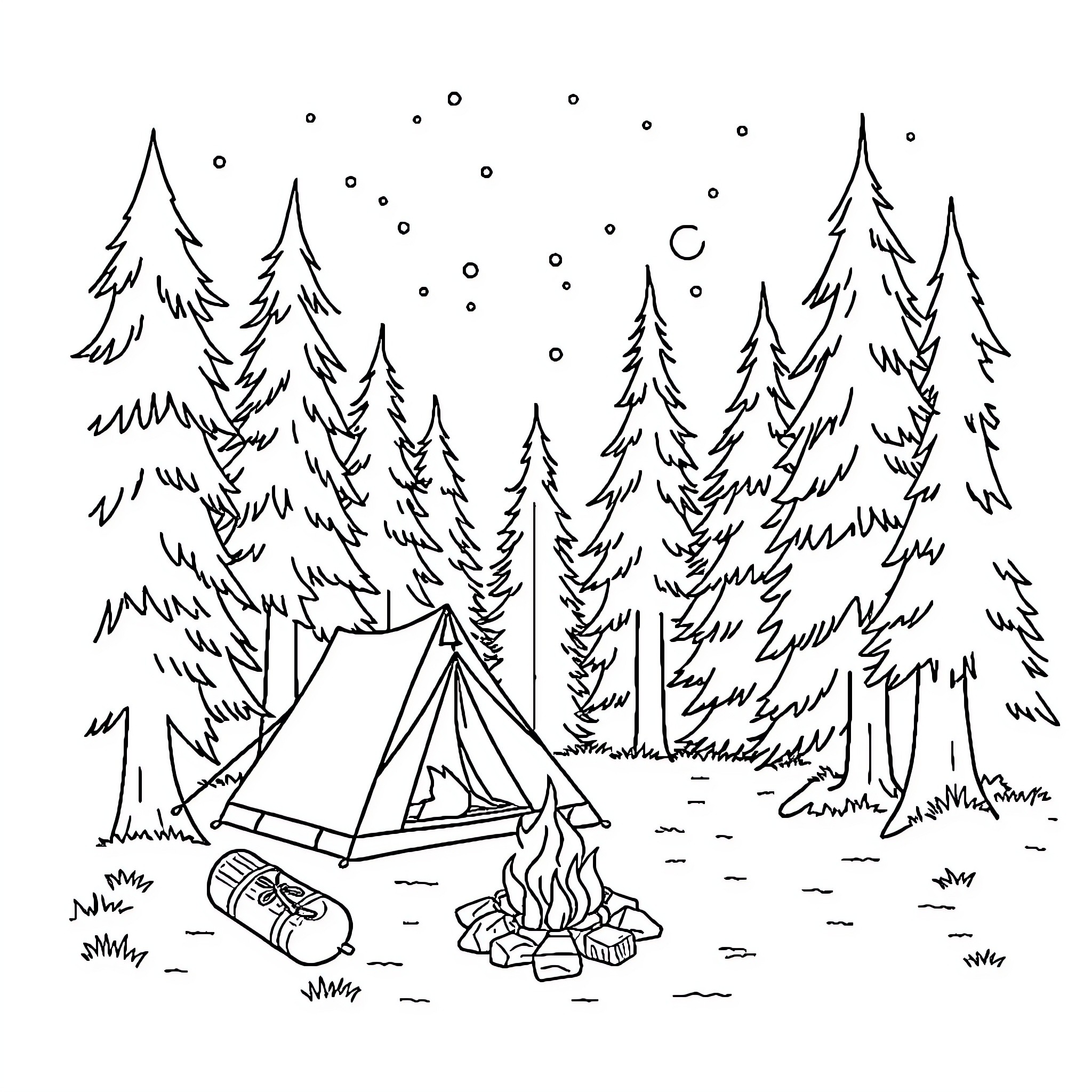 Camping in the Snowy Forest Coloring Page (free black-and-white line drawing printable PDF for all, from beginners to advanced learners, including children, teens, adults, and seniors)